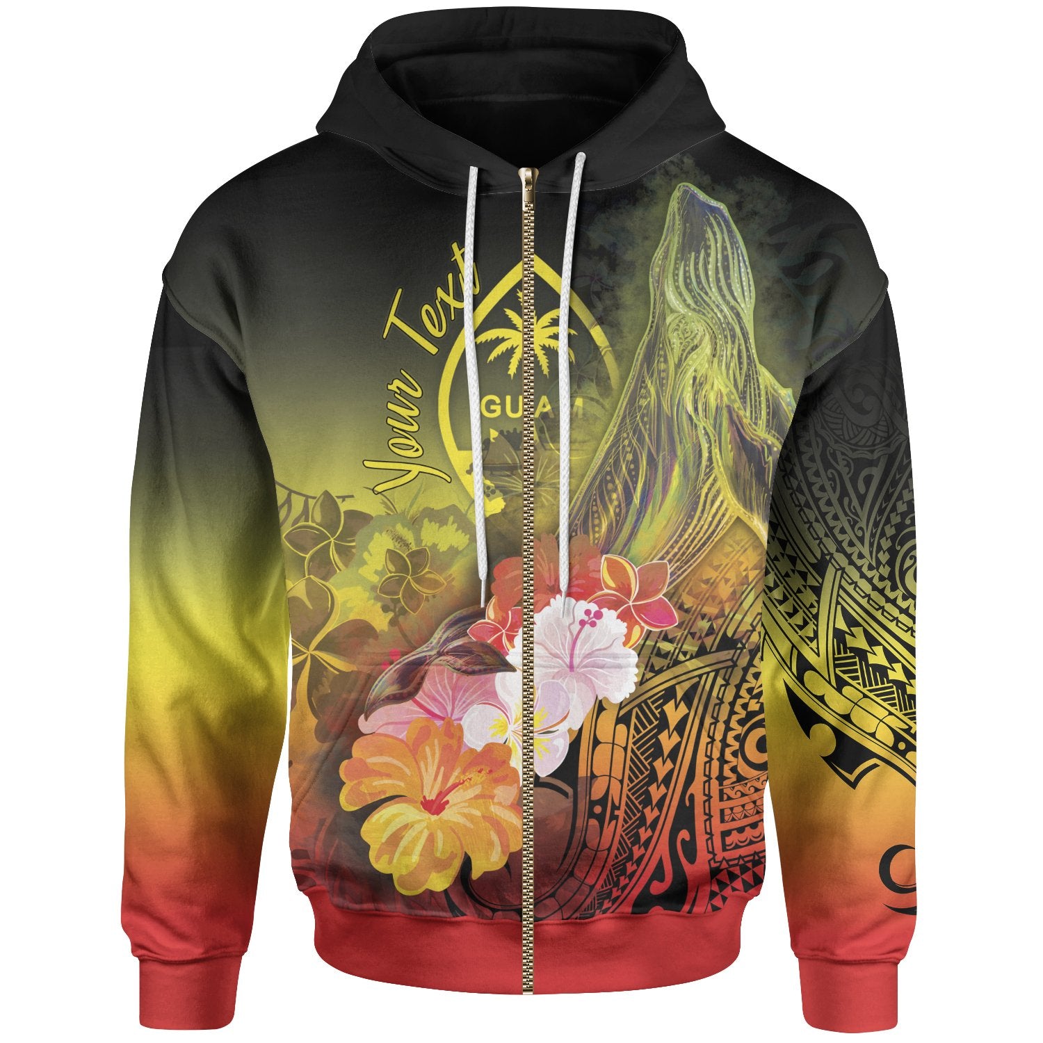 Guam Custom Zip up Hoodie Humpback Whale with Tropical Flowers (Yellow) Unisex Yellow - Polynesian Pride