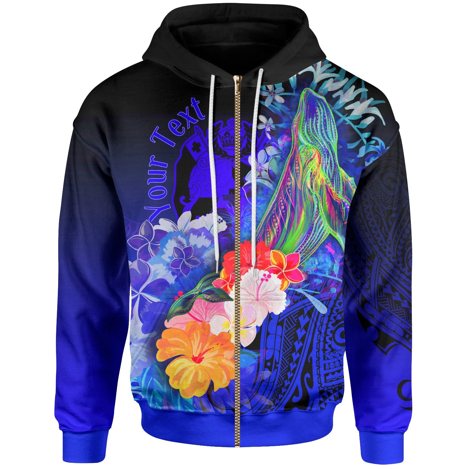 Tonga Custom Zip up Hoodie Humpback Whale with Tropical Flowers (Blue) Unisex Blue - Polynesian Pride