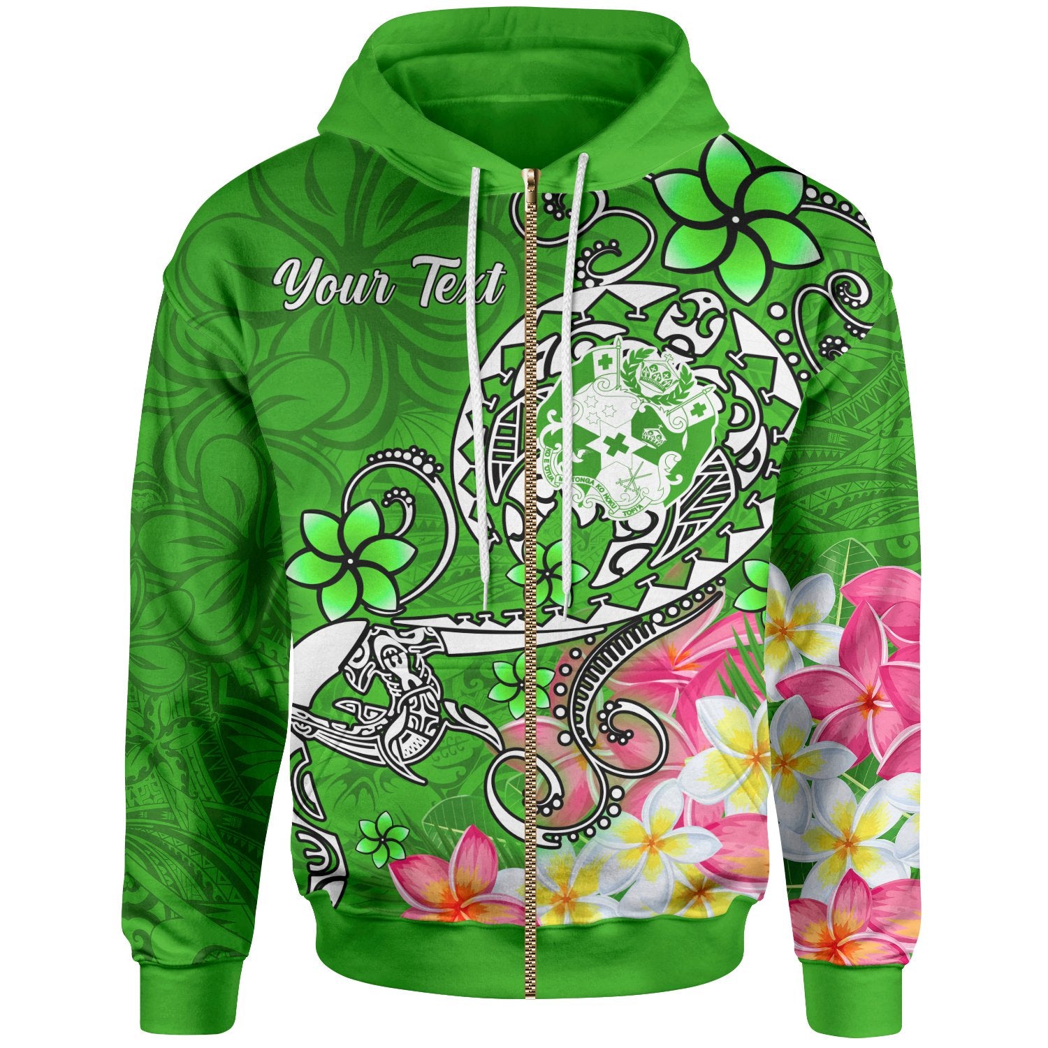 Tonga Custom Zip up Hoodie Turtle Plumeria (GREEN) Unisex Green - Polynesian Pride