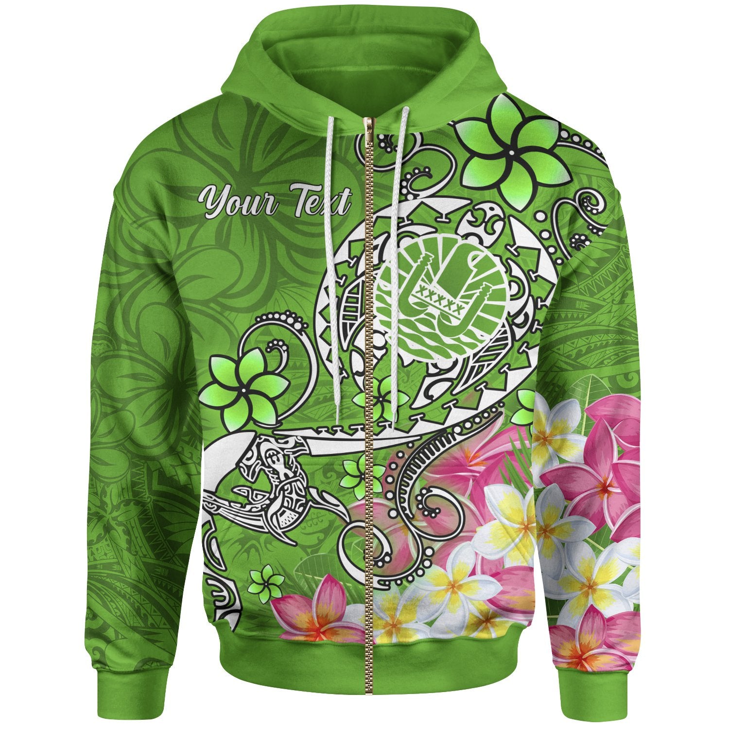 Tahiti Custom Zip up Hoodie Turtle Plumeria (Green) Unisex Green - Polynesian Pride