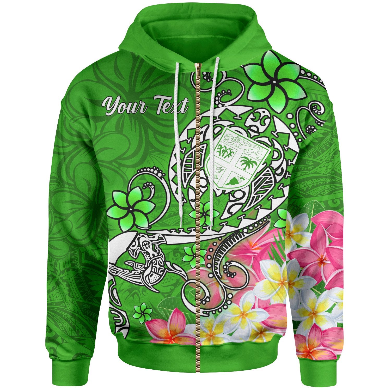 Fiji Custom Zip up Hoodie Turtle Plumeria (Green) Unisex Green - Polynesian Pride