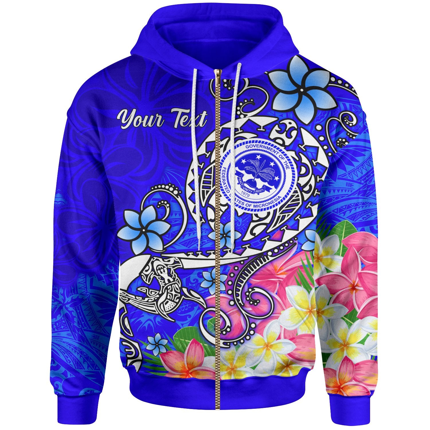 FSM Custom Zip up Hoodie Turtle Plumeria (Blue) Unisex Blue - Polynesian Pride