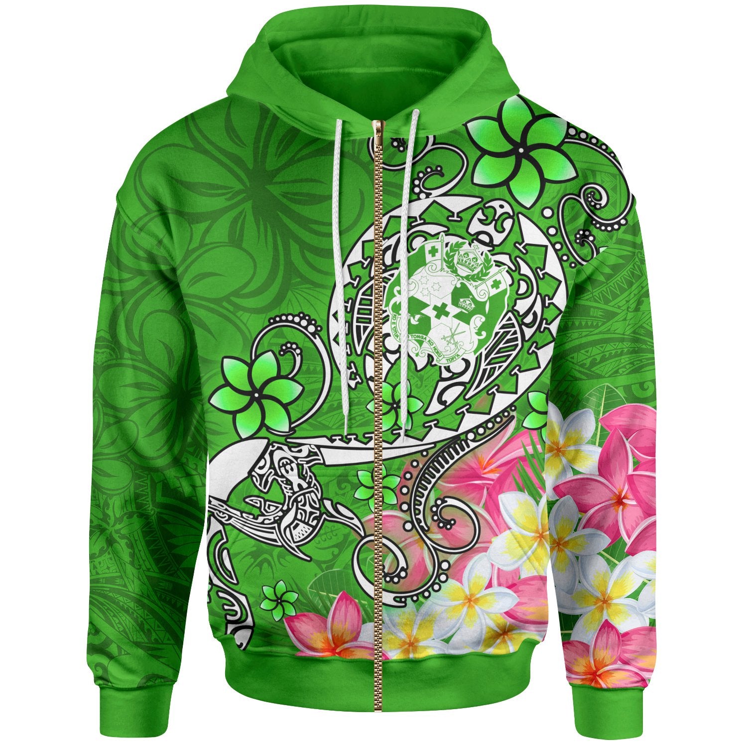 Tonga Zip up Hoodie Turtle Plumeria (GREEN) Unisex Green - Polynesian Pride