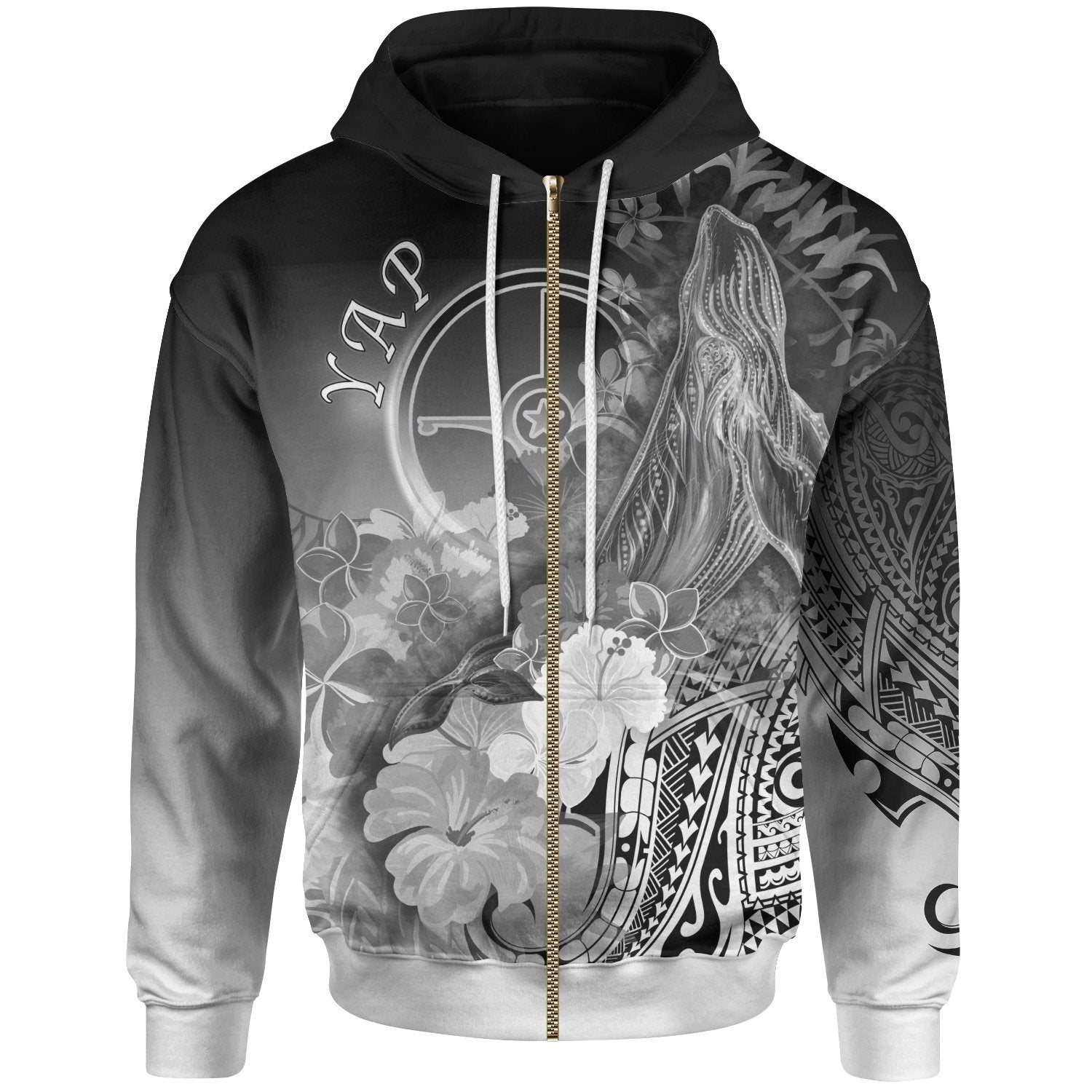 Yap Zip up Hoodie Humpback Whale with Tropical Flowers (White) Unisex White - Polynesian Pride