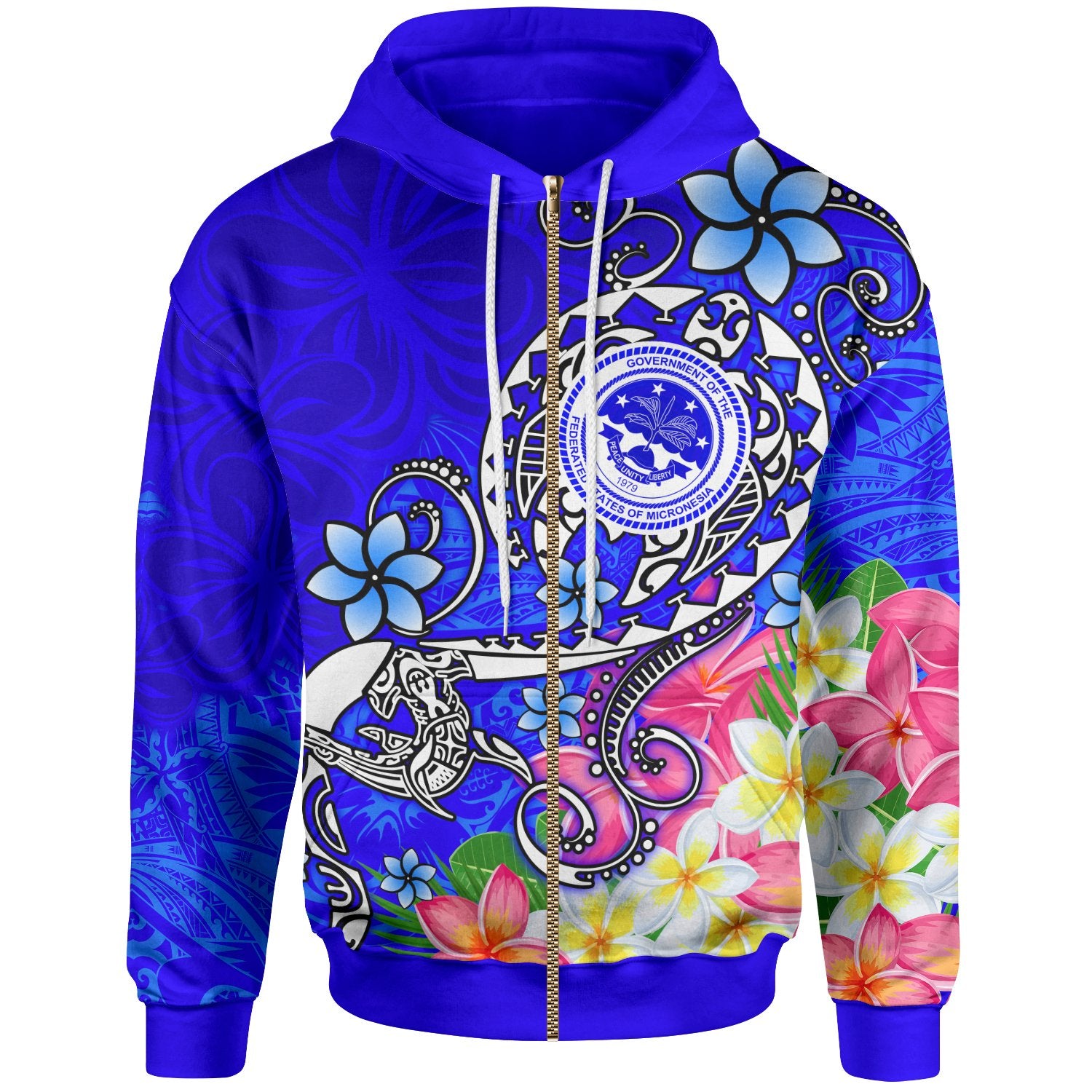 FSM Zip up Hoodie Turtle Plumeria (Blue) Unisex Blue - Polynesian Pride