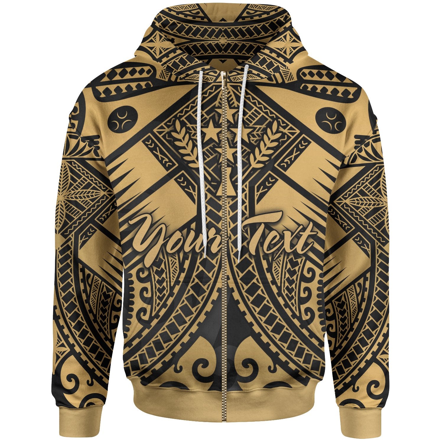 Kosrae Custom Zip up Hoodie Gold Seal with Polynesian Tattoo Unisex Gold - Polynesian Pride