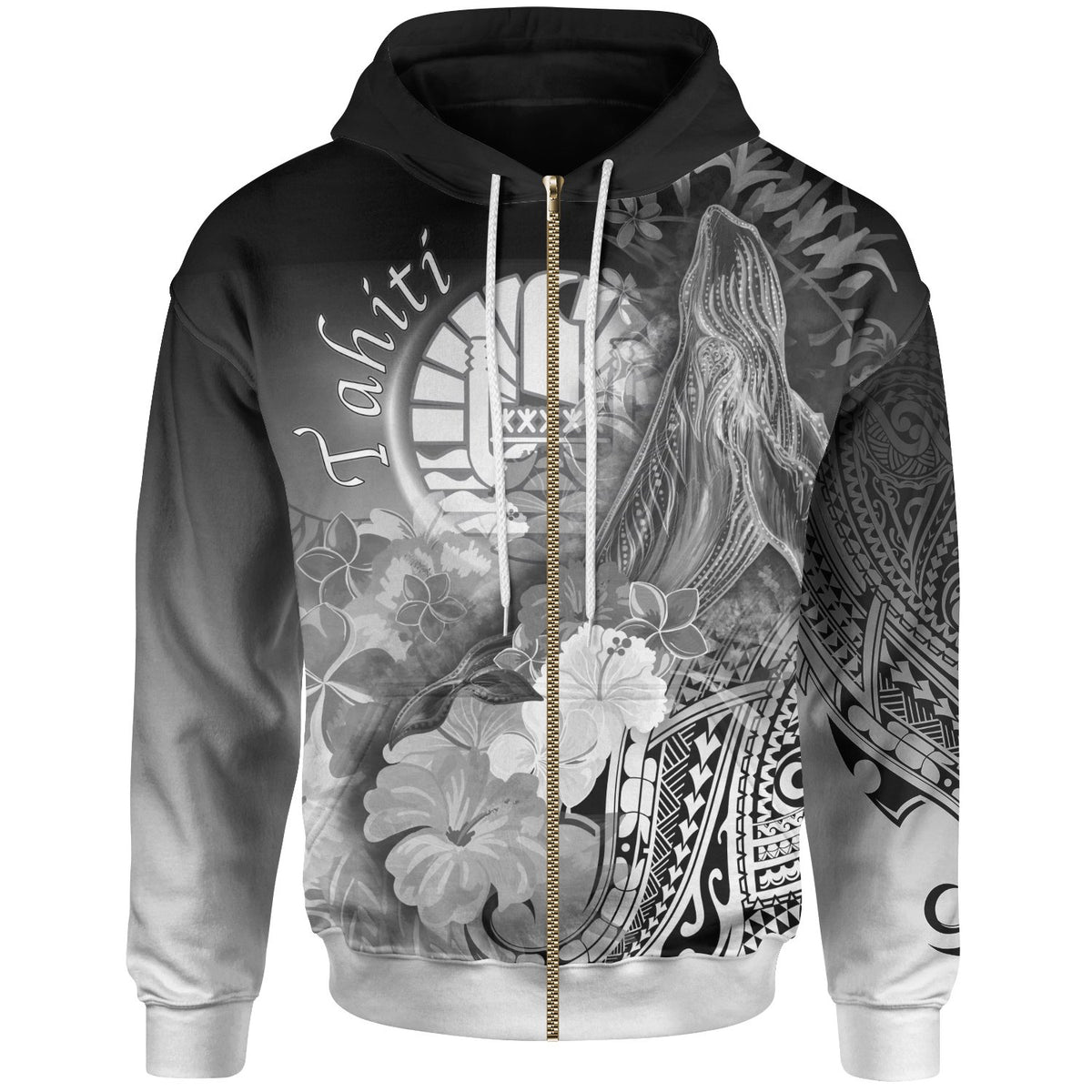 Tahiti Zip up Hoodie Humpback Whale with Tropical Flowers (White) Unisex White - Polynesian Pride