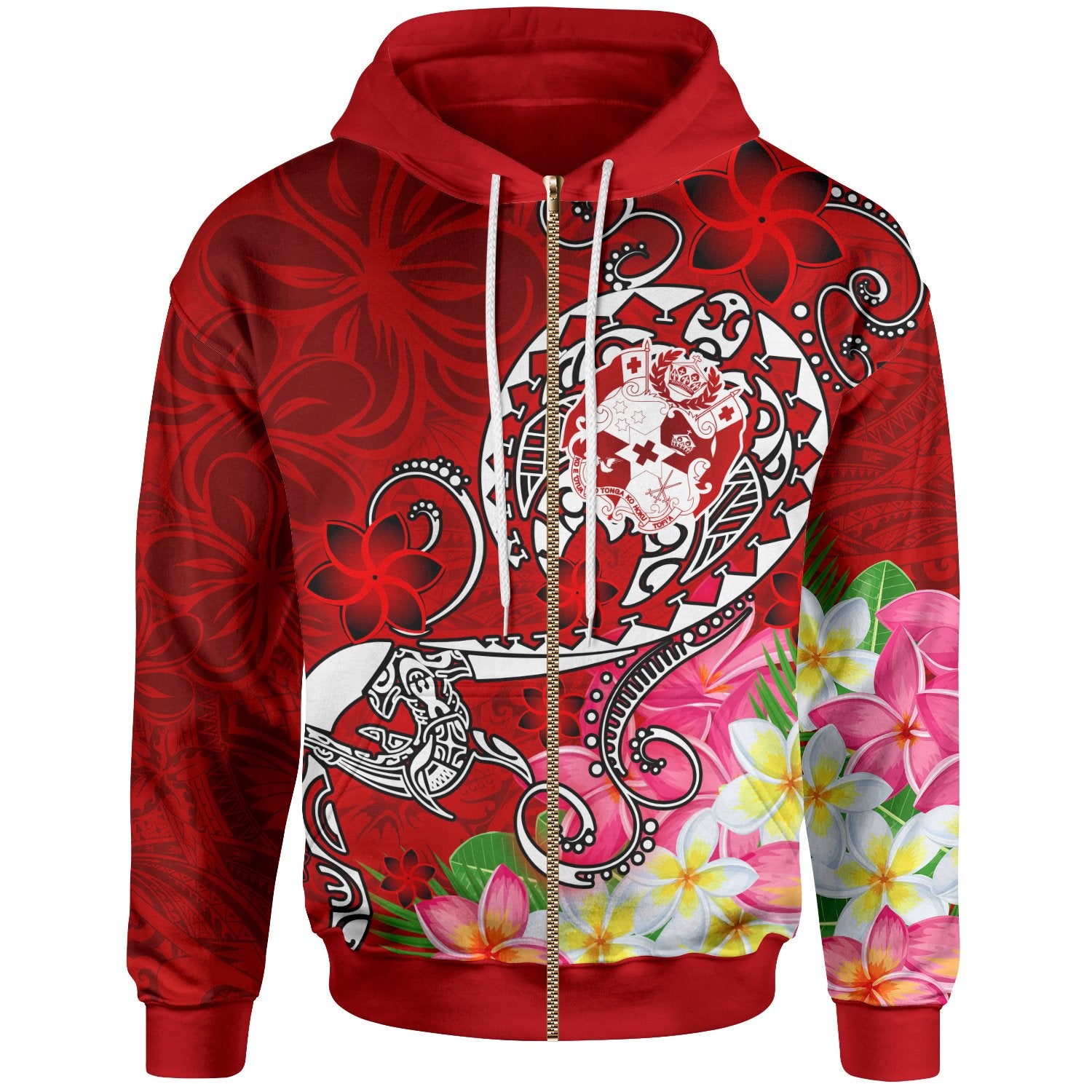 Tonga Zip up Hoodie Turtle Plumeria (RED) Unisex Red - Polynesian Pride