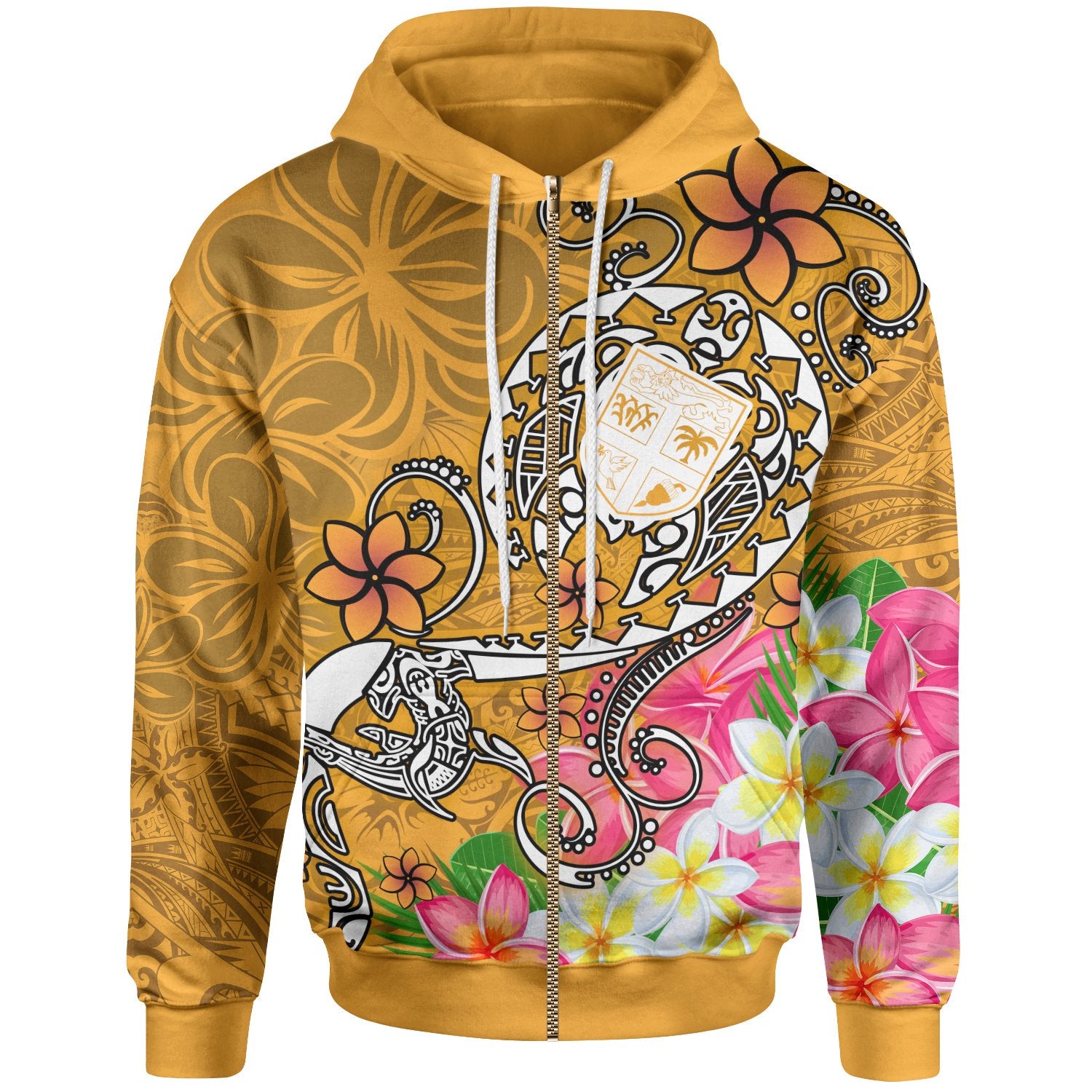 Fiji Zip up Hoodie Turtle Plumeria (Gold) Unisex Gold - Polynesian Pride