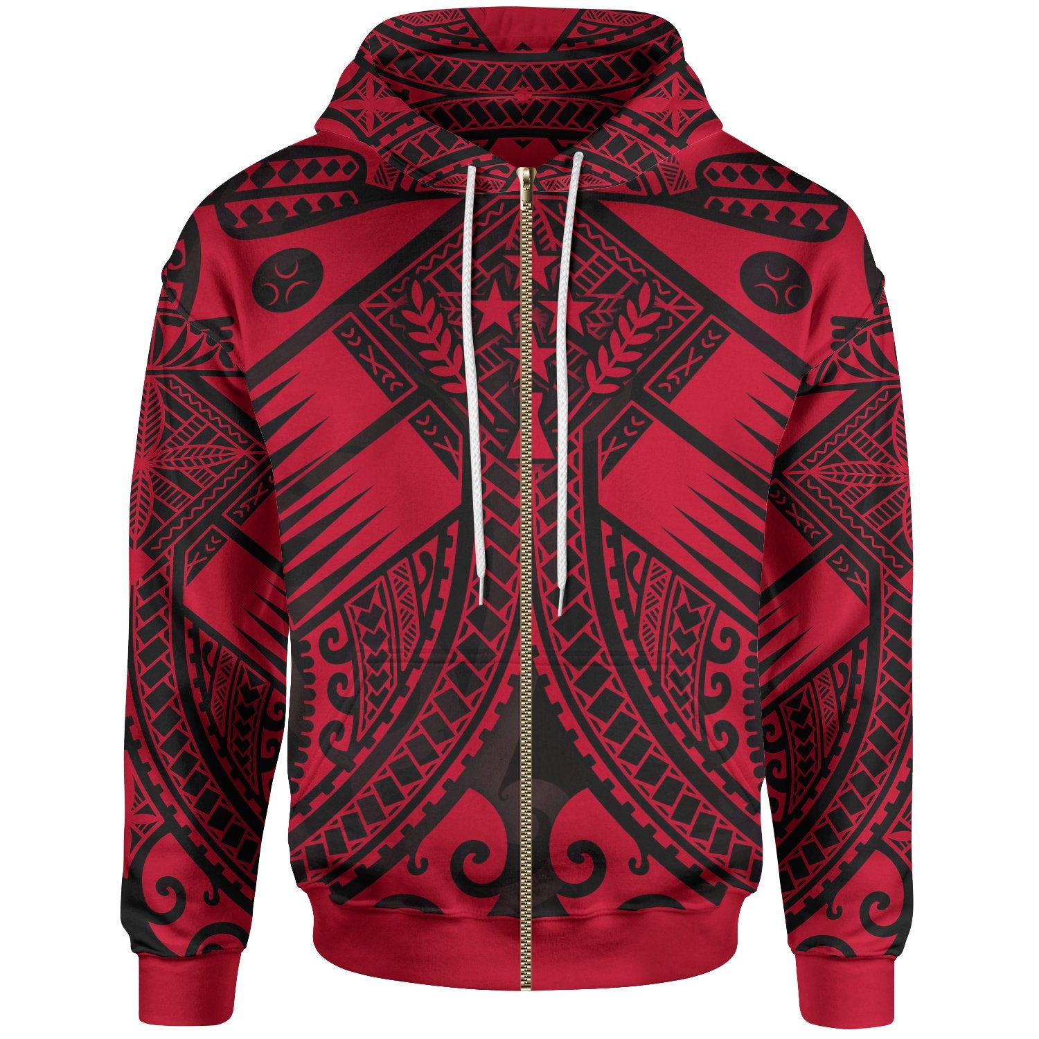 Kosrae Zip up Hoodie Red Seal with Polynesian Tattoo Unisex Red - Polynesian Pride