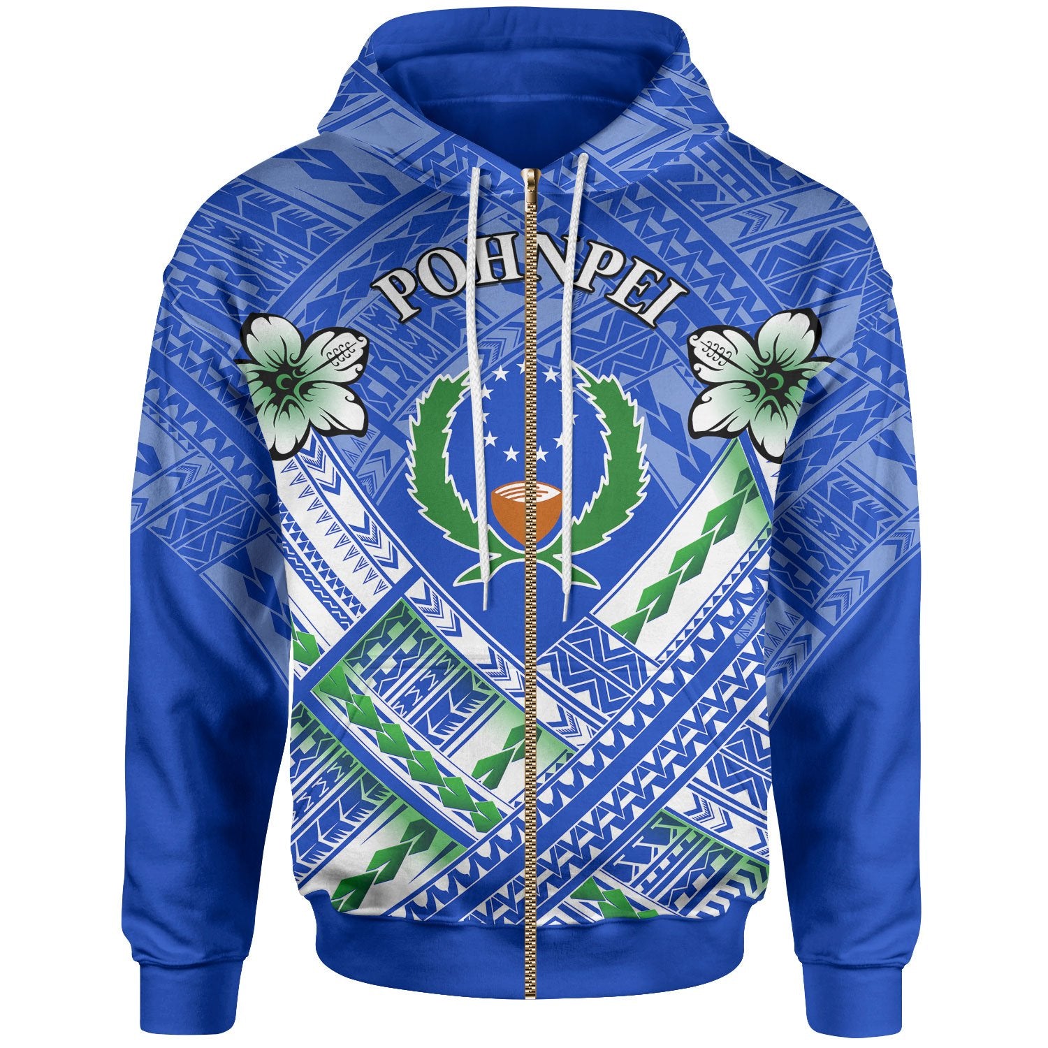 Pohnpei Polynesian Zip up Hoodie Pohnpei Flag Camisole Hibiscus Style Unisex Blue - Polynesian Pride