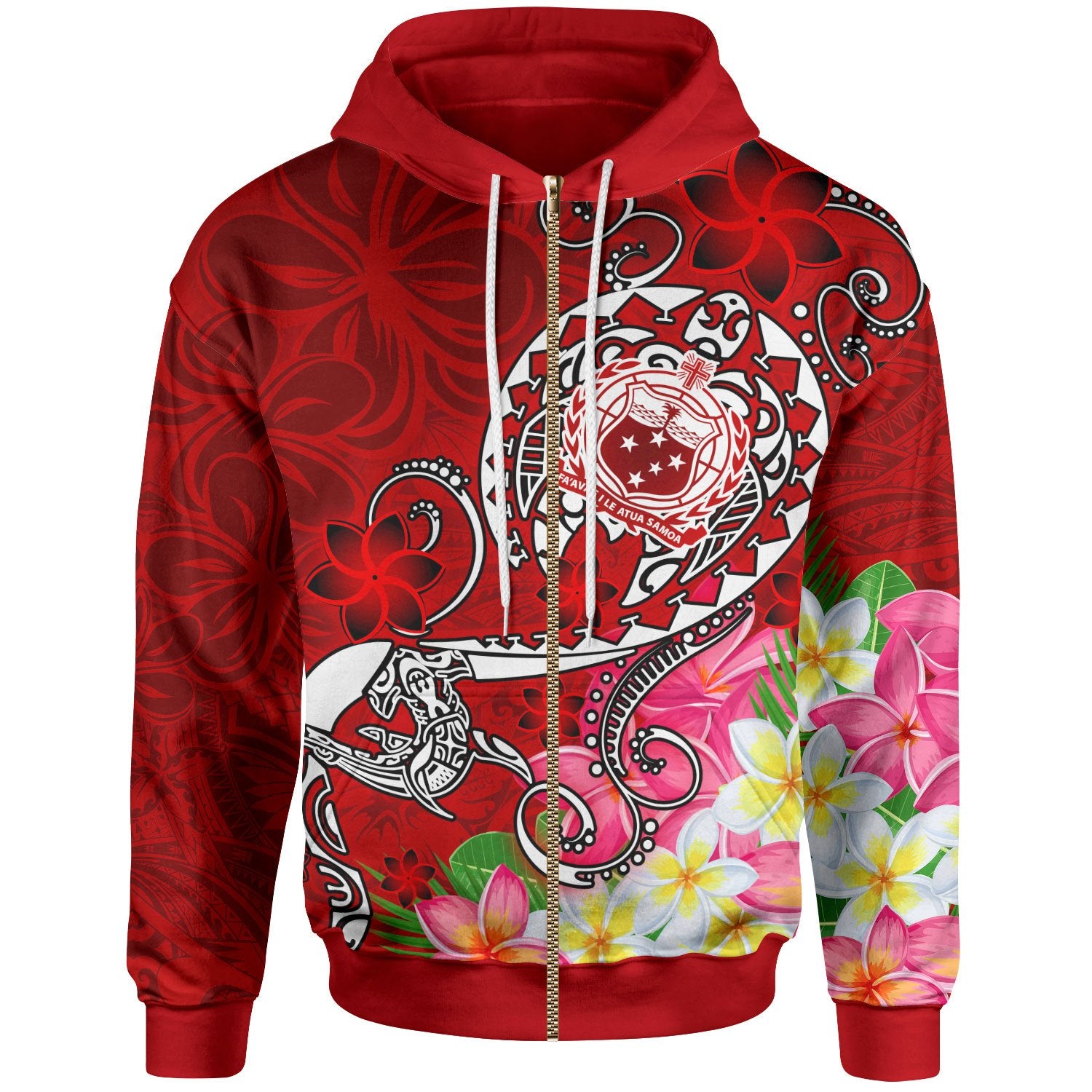 Samoa Zip up Hoodie Turtle Plumeria (Red) Unisex Red - Polynesian Pride