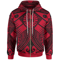 Tahiti Zip up Hoodie Red Seal with Polynesian Tattoo Unisex Red - Polynesian Pride