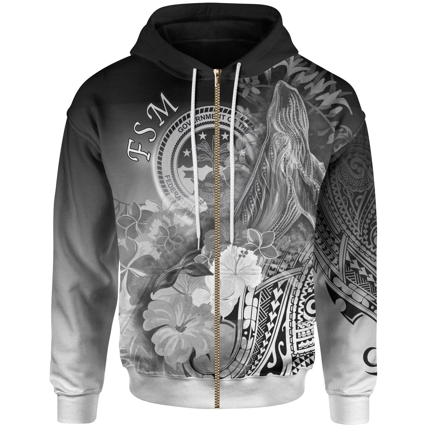 Fsm Zip up Hoodie Humpback Whale with Tropical Flowers (White) Unisex White - Polynesian Pride