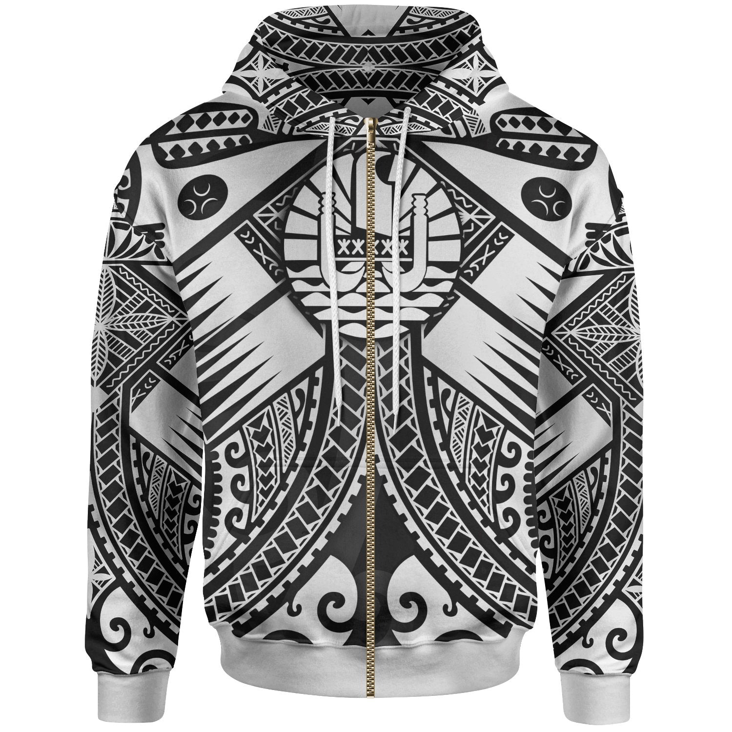 Tahiti Zip up Hoodie White Seal with Polynesian Tattoo Unisex White - Polynesian Pride