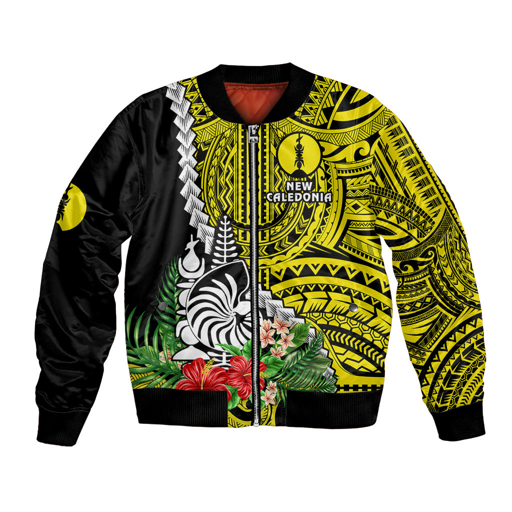 (Custom Personalised) New Caledonia Polynesian Coat Of Arms Mix Tropical Flowers Bomber Jacket LT14 Unisex Yellow - Polynesian Pride