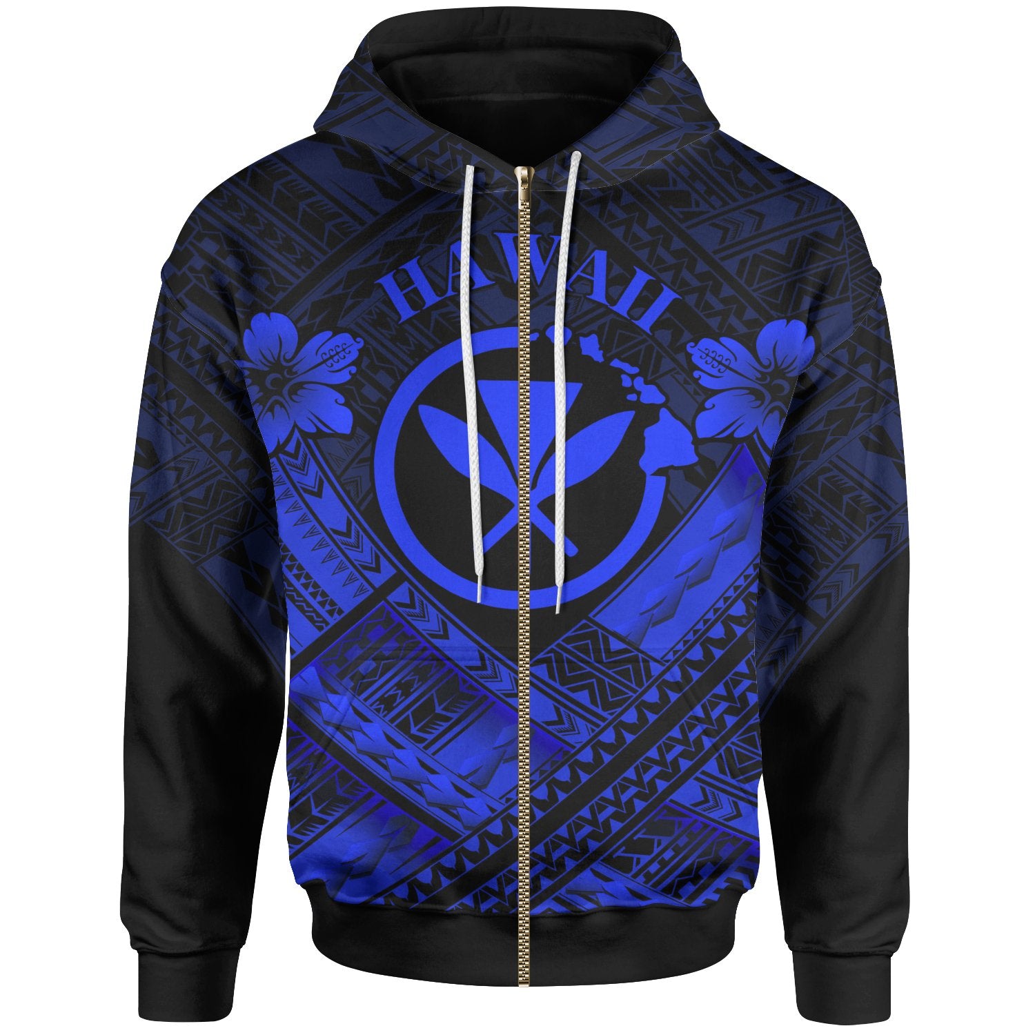 Hawaii Zip up Hoodie Blue Kanaka Maoli Polynesian Patterns Unisex Blue - Polynesian Pride