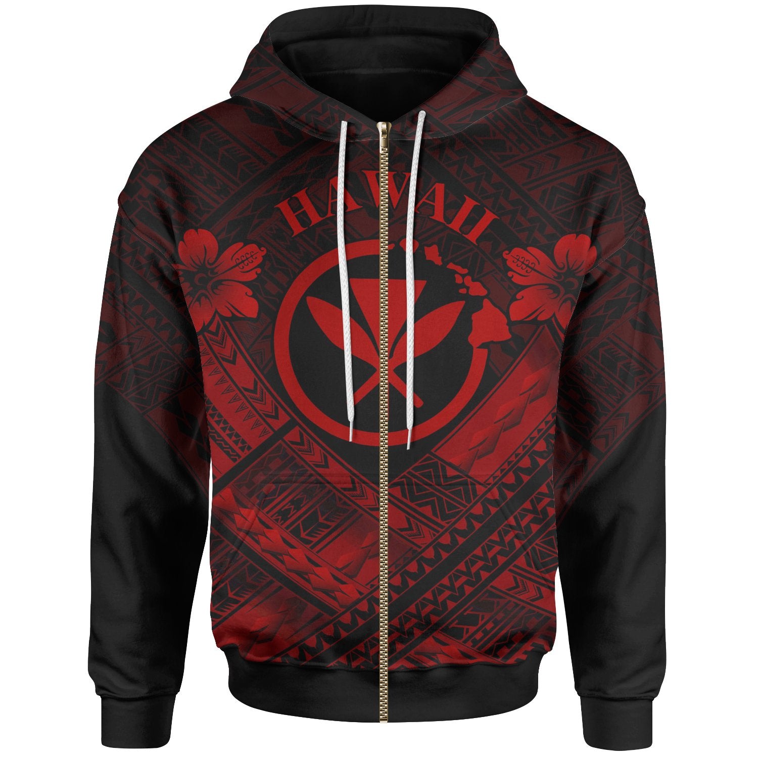 Hawaii Zip up Hoodie Red Kanaka Maoli Polynesian Patterns Unisex Red - Polynesian Pride