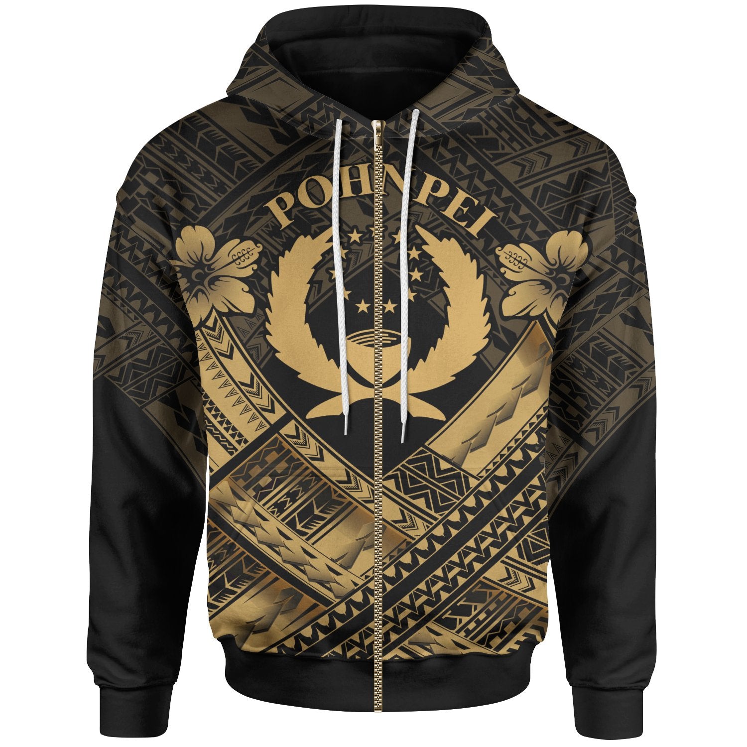 Pohnpei Polynesian Zip up Hoodie Pohnpei Gold Seal Camisole Hibiscus Style Unisex Gold - Polynesian Pride