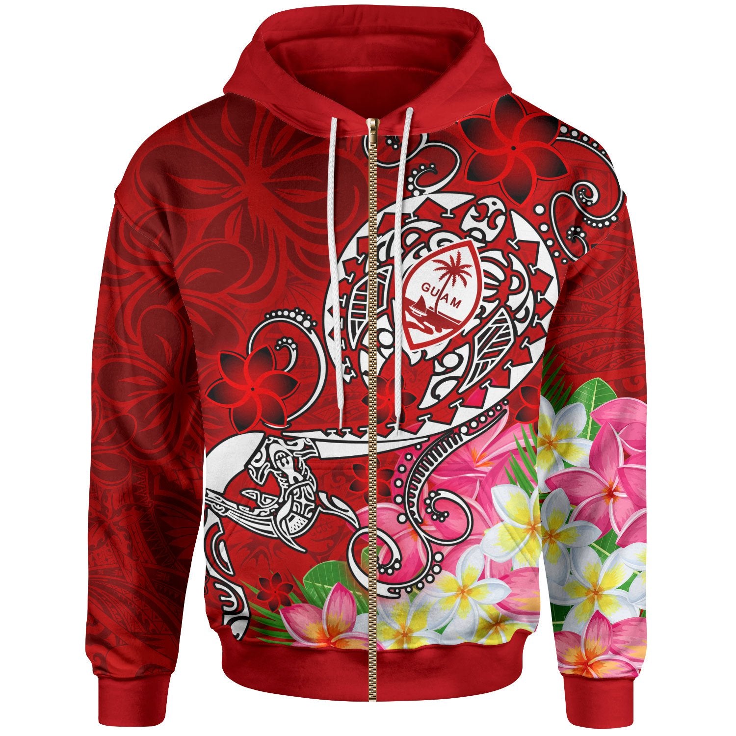 Guam Zip up Hoodie Turtle Plumeria (Red) Unisex Red - Polynesian Pride