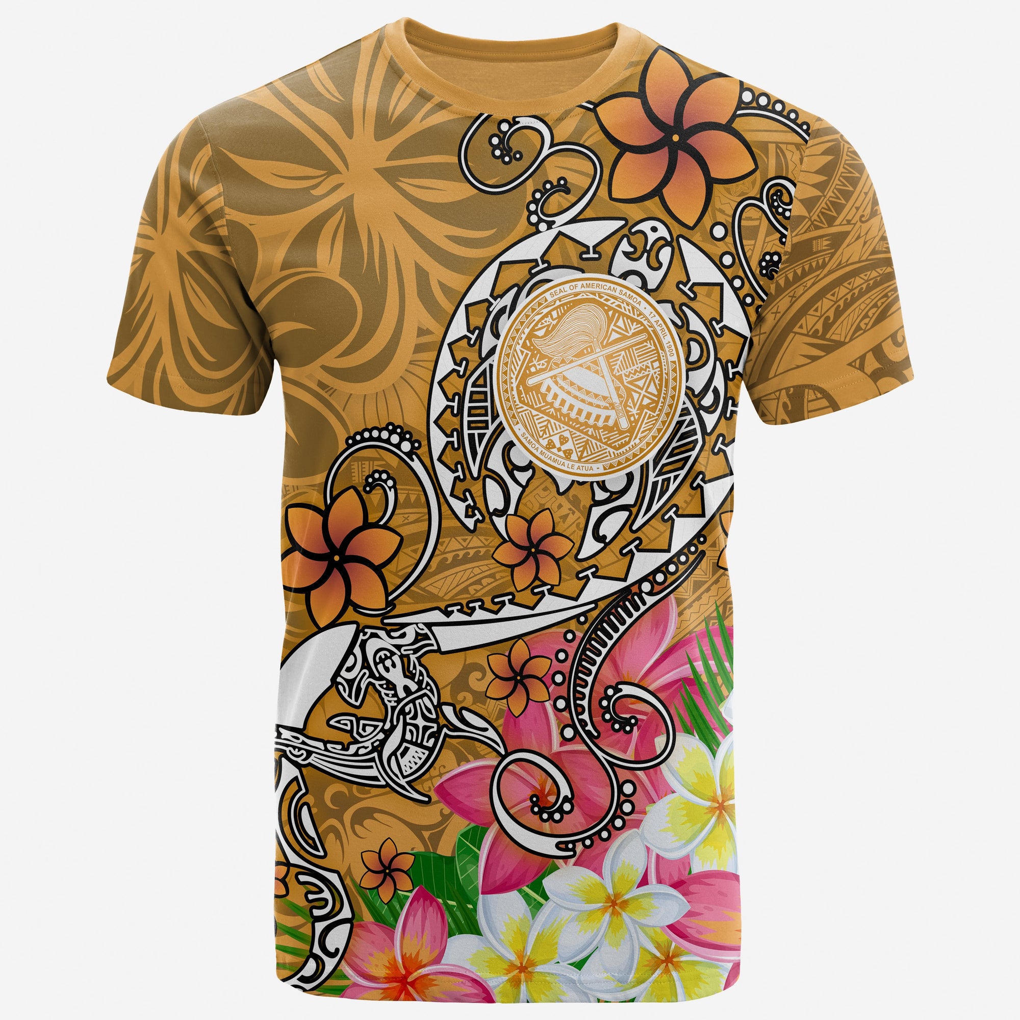 American Samoa Polynesian T Shirt Turtle Plumeria (Gold) Unisex Gold - Polynesian Pride