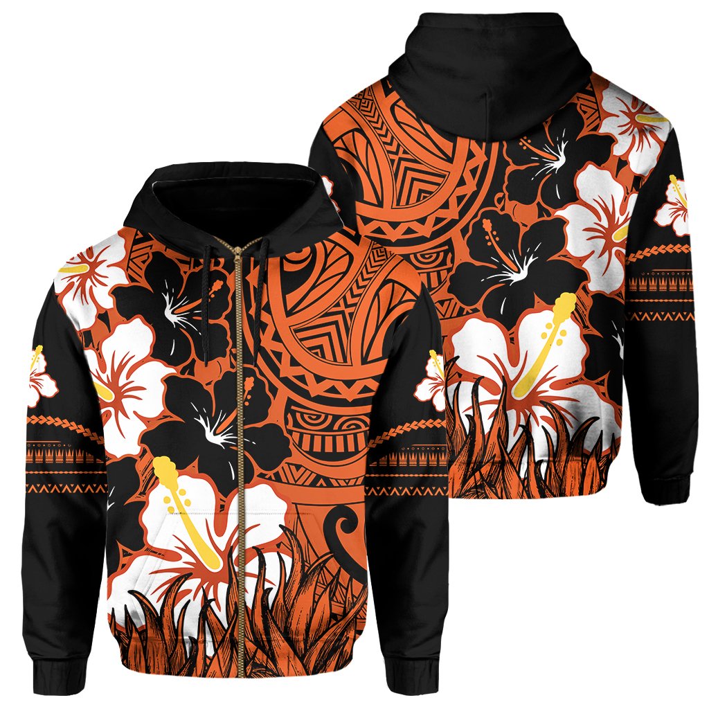 Hawaii Hoodie Black Noon Hibiscus Zip Hoodie Unisex Orange - Polynesian Pride