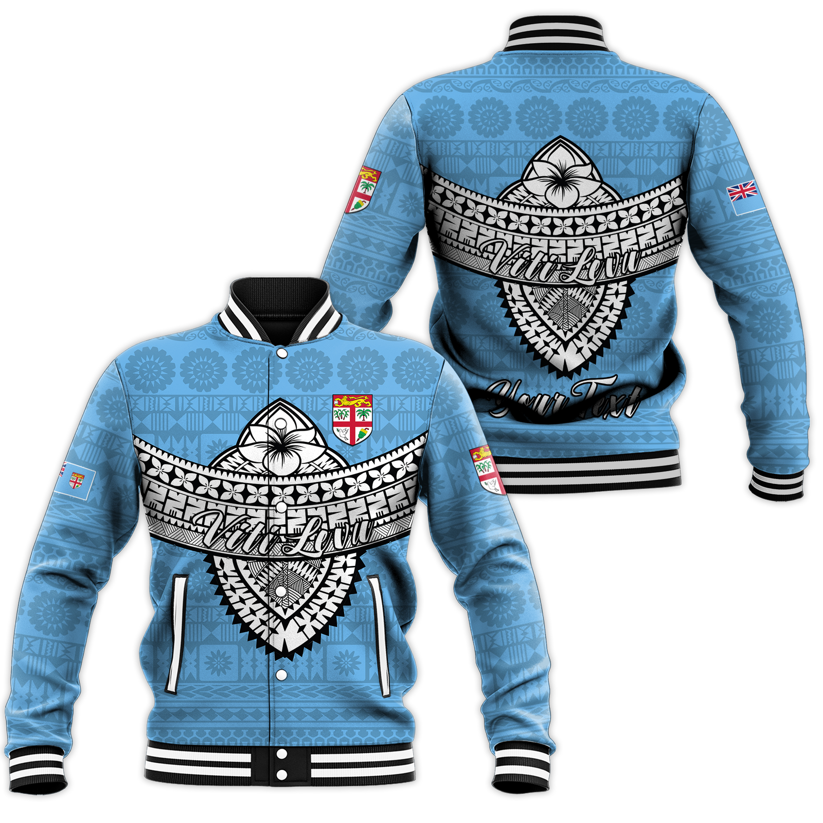 (Custom Personalised) Fiji Viti Levu Tapa Tribal Baseball Jacket - LT12 Unisex Blue - Polynesian Pride