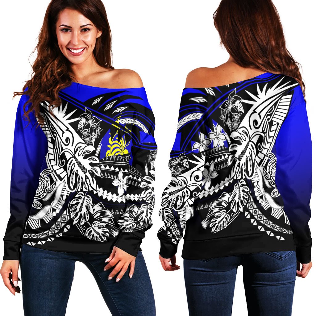 New Caledonia Women's Off Shoulder Sweaters - Tribal Jungle Pattern Blue Color Blue - Polynesian Pride