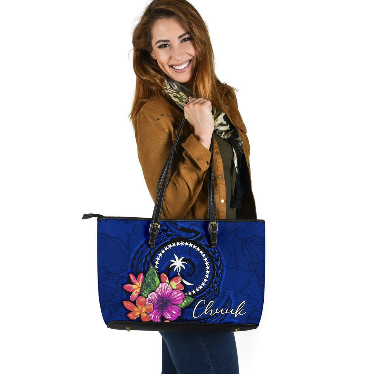 Chuuk Micronesia Leather Tote Bag - Floral With Seal Blue - Polynesian Pride