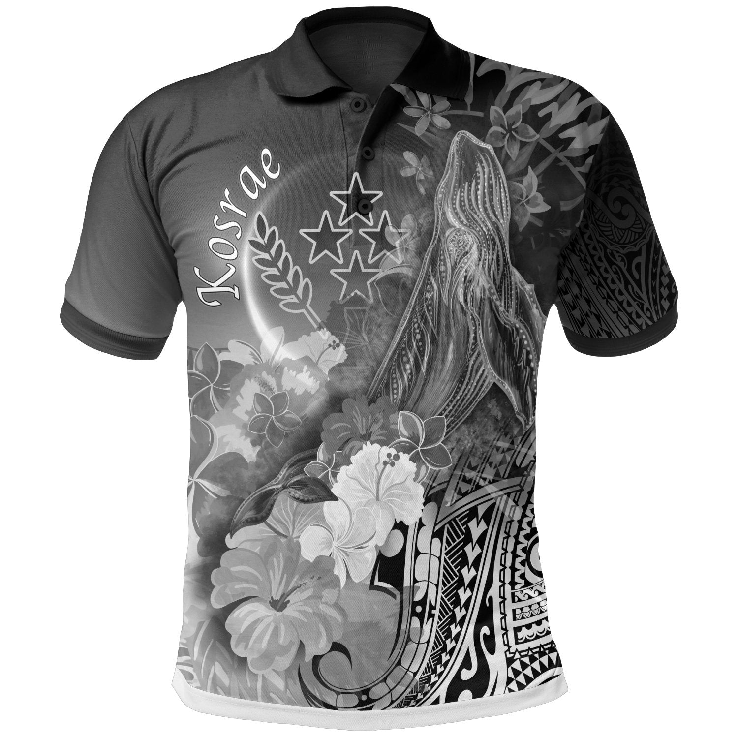 Kosrae Polo Shirt Humpback Whale with Tropical Flowers (White) Unisex White - Polynesian Pride