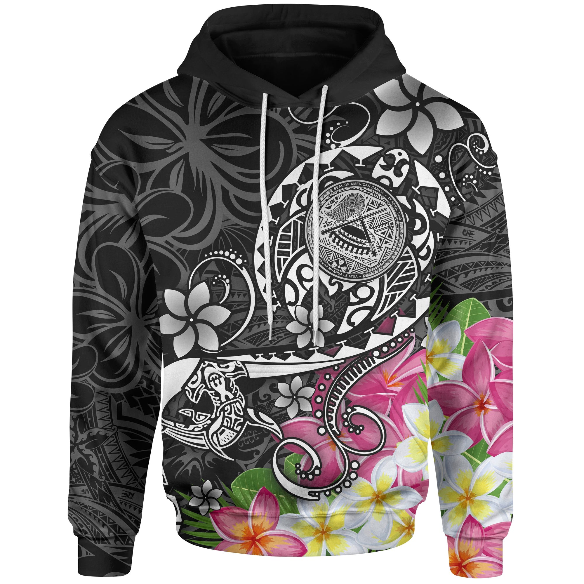 American Samoa Polynesian Hoodie Turtle Plumeria (Black) Unisex Black - Polynesian Pride