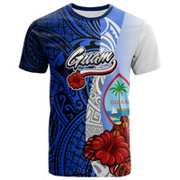 Guam Polynesian T Shirt Coat of Arm With Hibiscus Blue Unisex Blue - Polynesian Pride