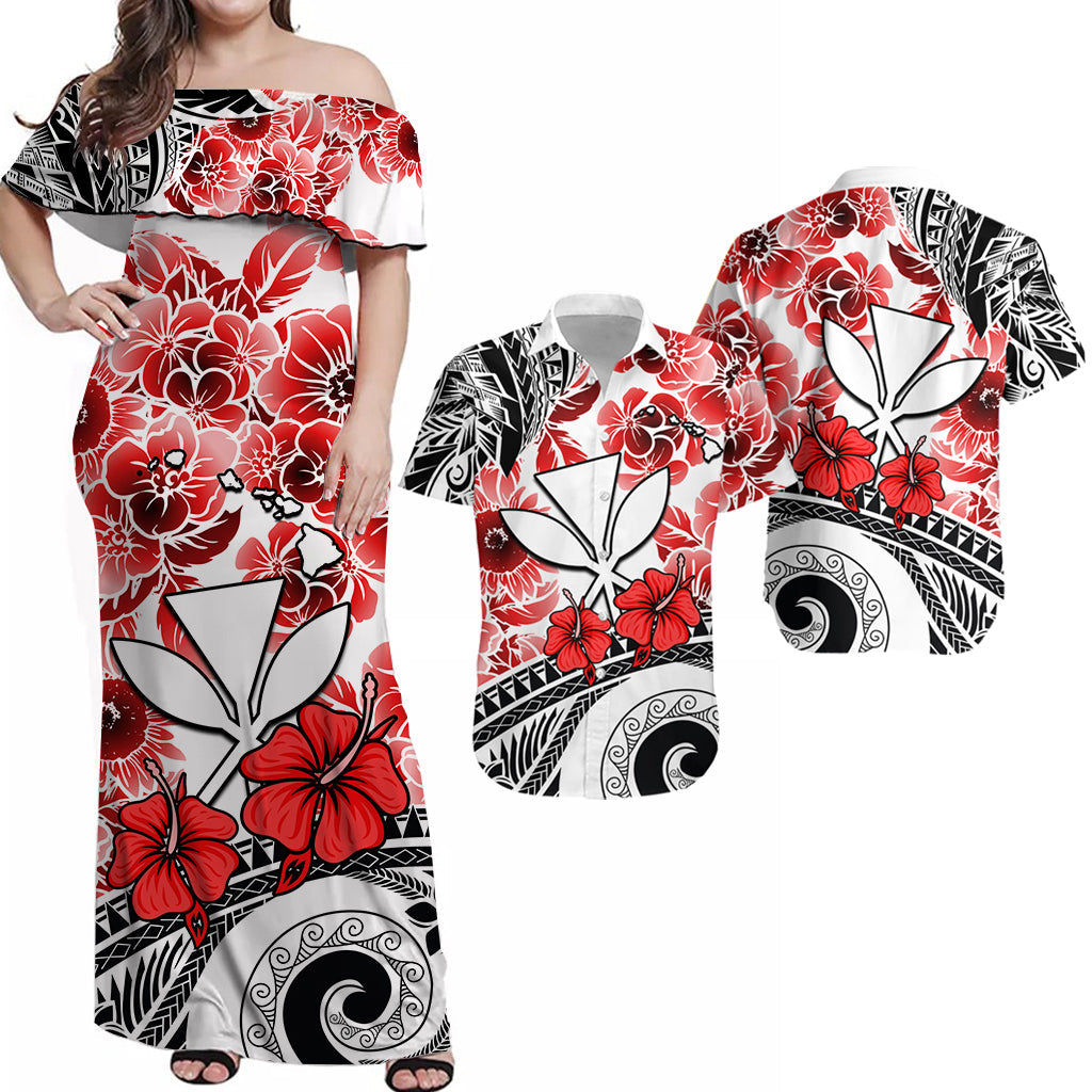 Polynesian Matching Dress and Hawaiian Shirt Hawaii Kanada and Red Hibiscus LT13 Red - Polynesian Pride