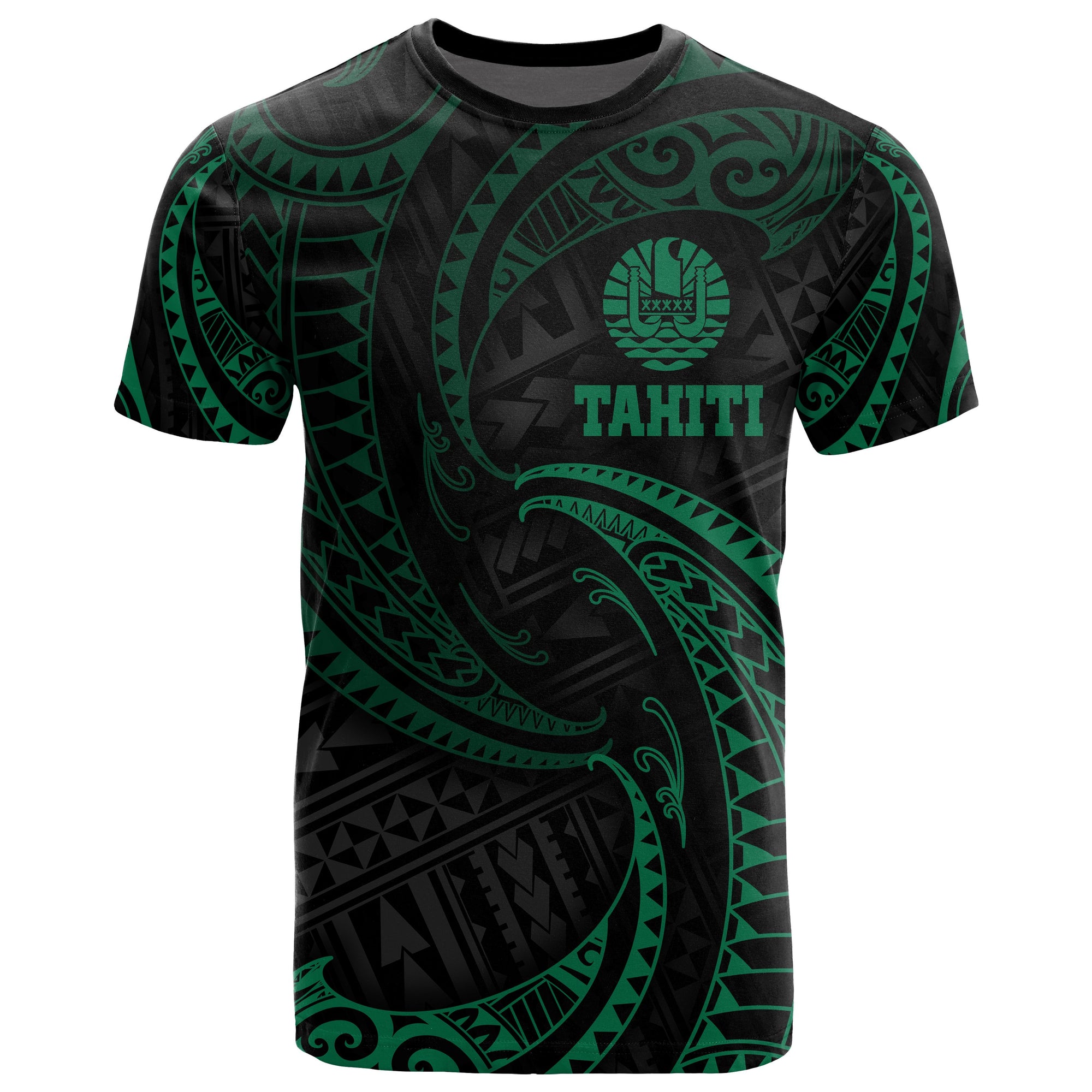 Tahiti Polynesian All Over T Shirt Green Tribal Wave Unisex Green - Polynesian Pride