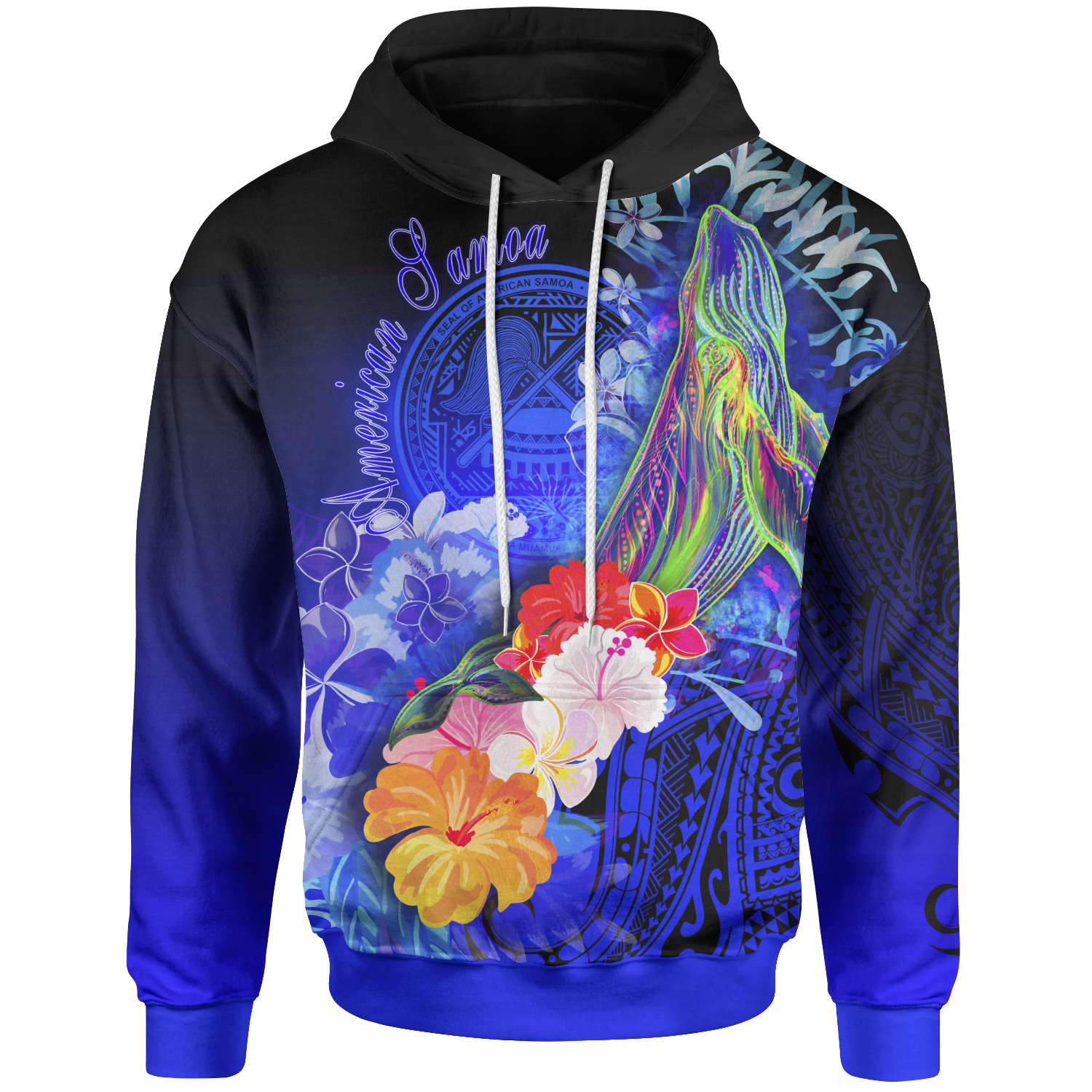 American Samoa Polynesian Hoodie Humpback Whale with Tropical Flowers (Blue) Blue - Polynesian Pride