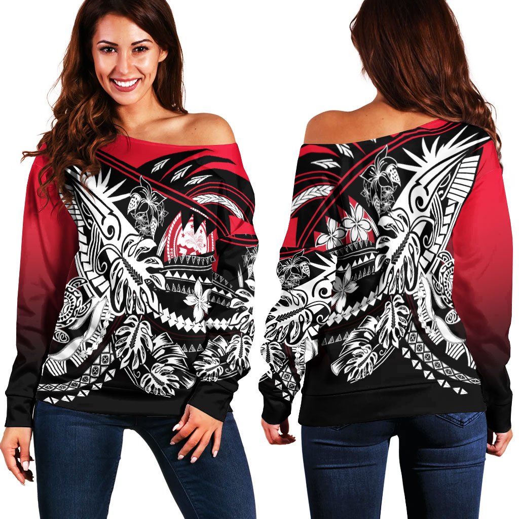 Federated States of Micronesia Women's Off Shoulder Sweaters - Tribal Jungle Pattern Red Color Red - Polynesian Pride