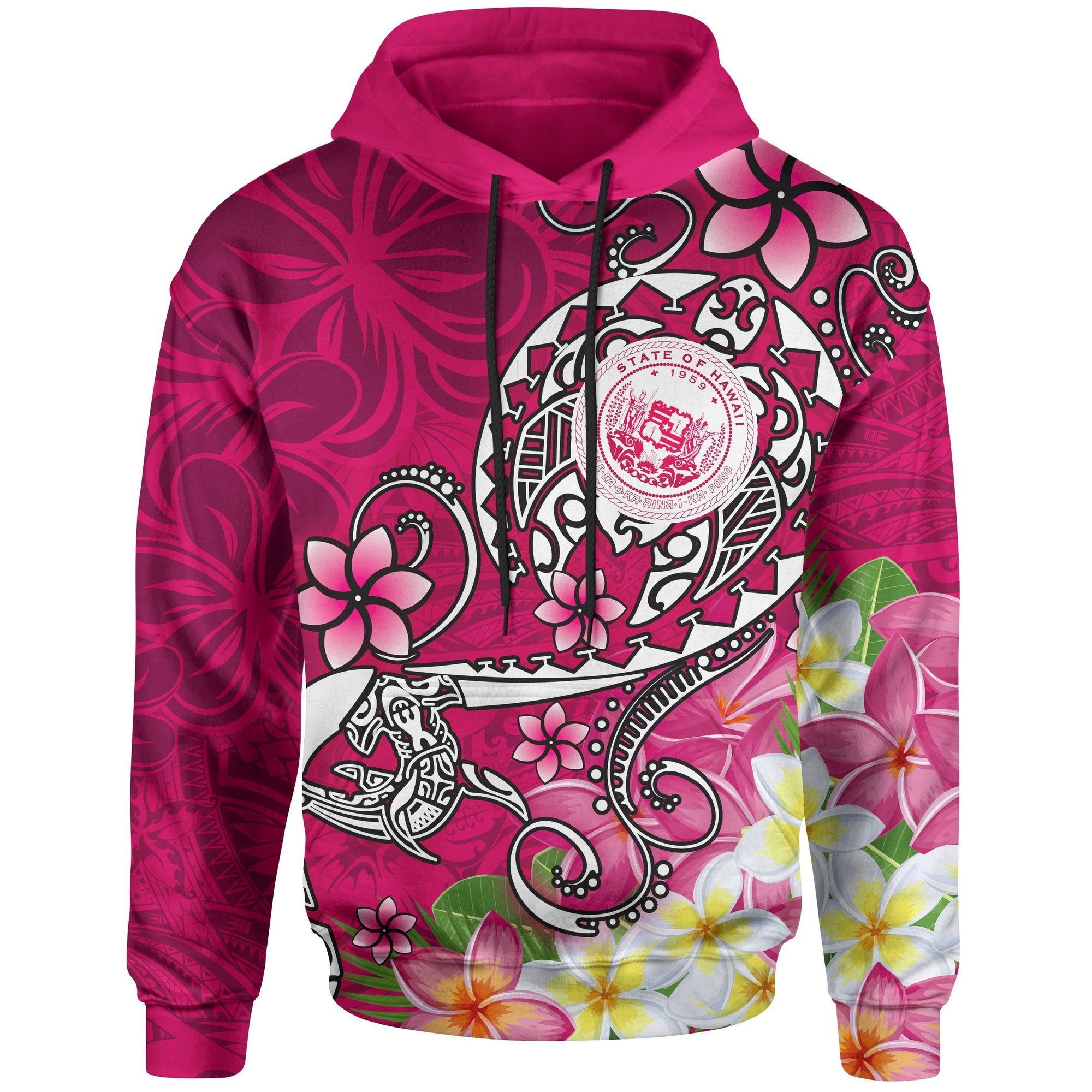 Hawaii Polynesian Hoodie Hawaii Seal With Turtle Plumeria (Pink) Unisex Pink - Polynesian Pride