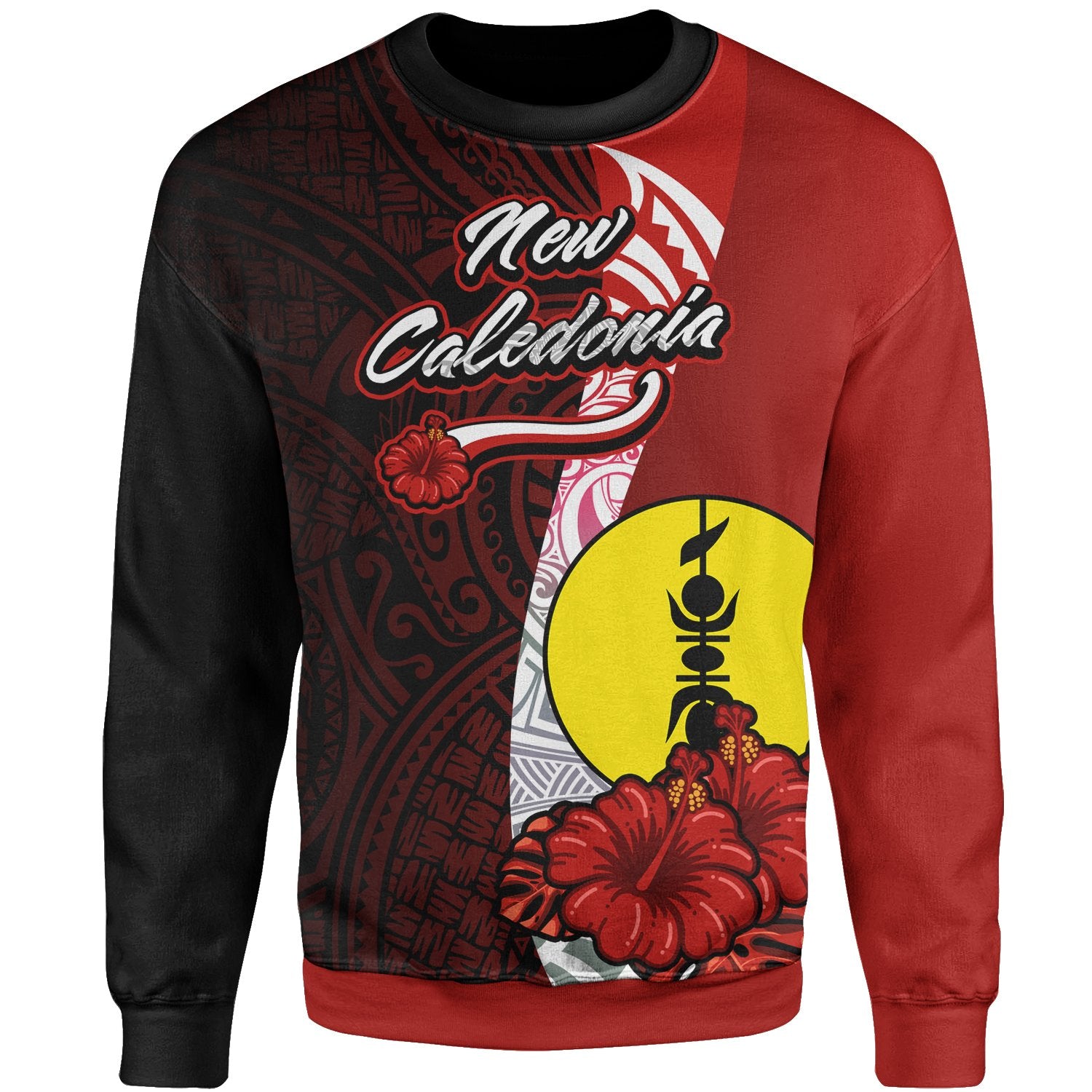 New Caledonia Polynesian Sweater - Coat Of Arm With Hibiscus Unisex Red - Polynesian Pride