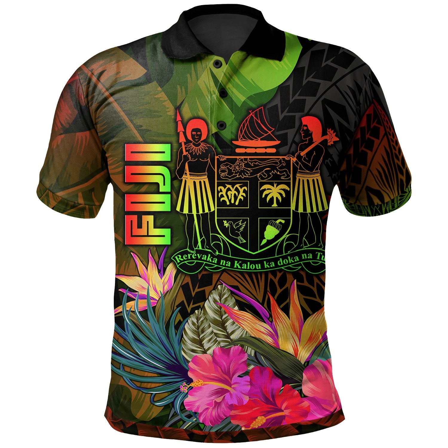 Fiji Polynesian Polo Shirt Hibiscus and Banana Leaves Unisex Reggae - Polynesian Pride