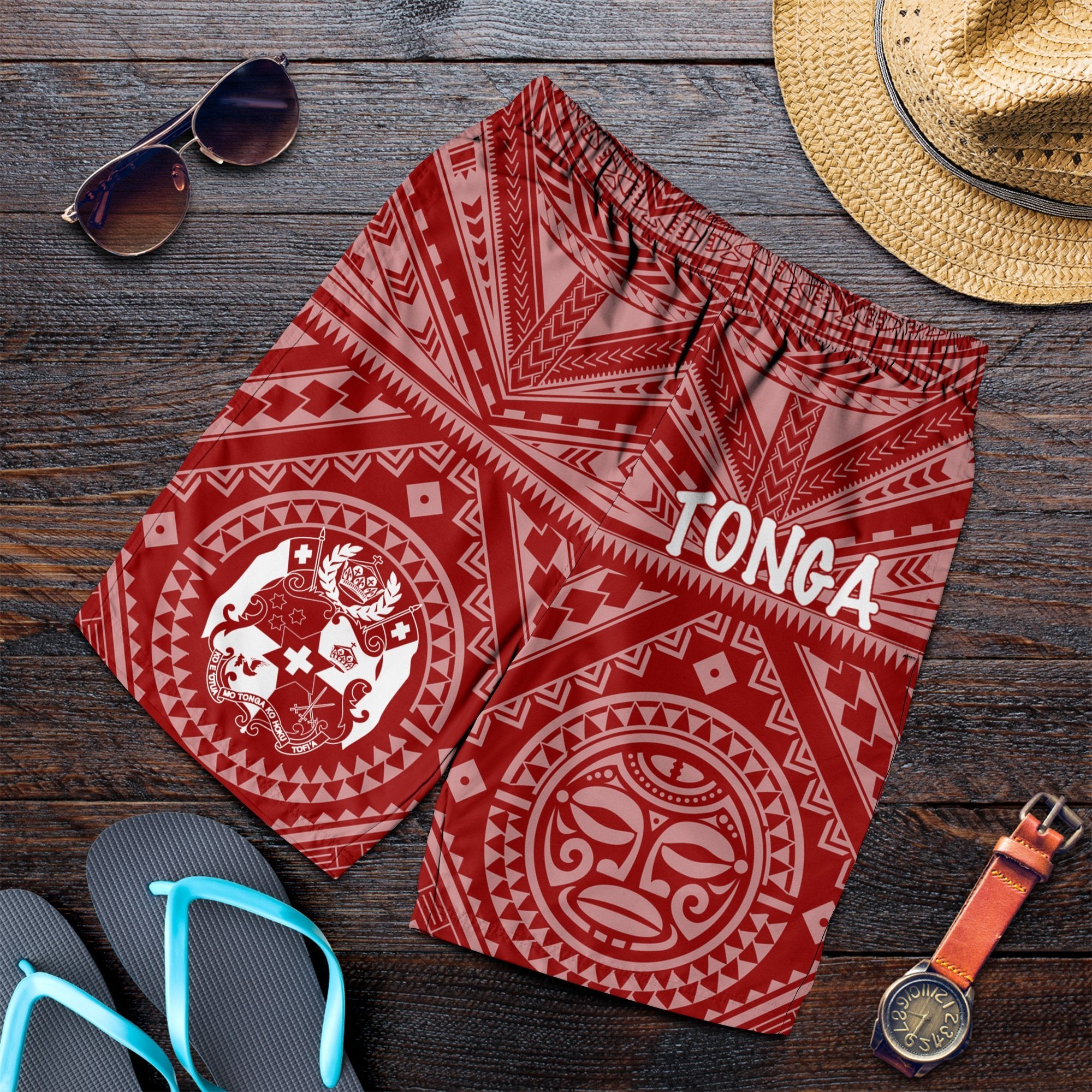 Tonga Men's Short - Tonga Seal With Polynesian Tattoo Style (Red) - Polynesian Pride