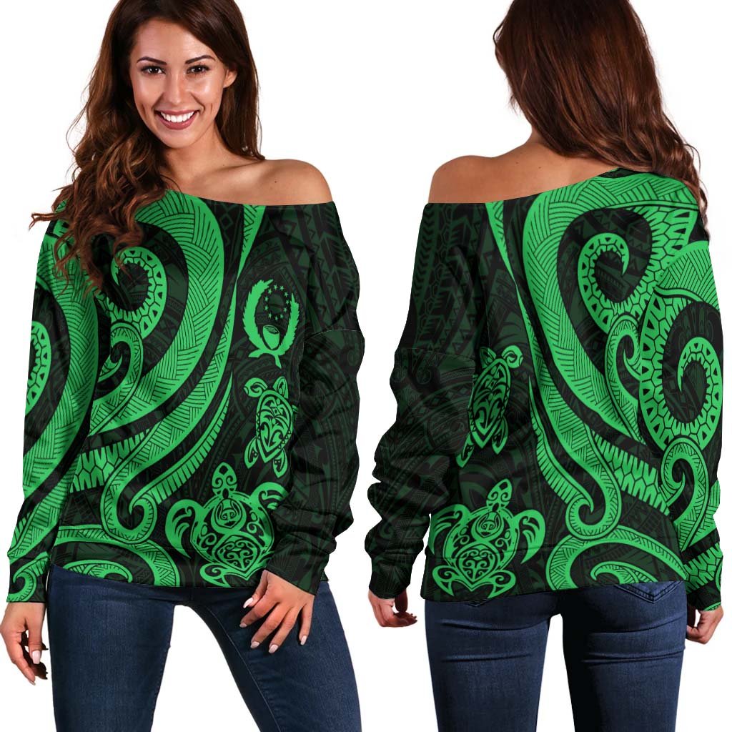 Pohnpei Women's Off Shoulder Sweater - Green Tentacle Turtle Green - Polynesian Pride