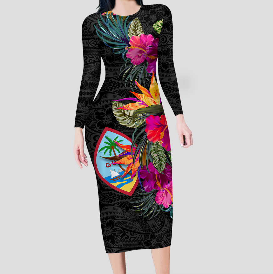 Guam Hibiscus Polynesian Tribal Long Sleeves Dress - LT12 Women Black - Polynesian Pride