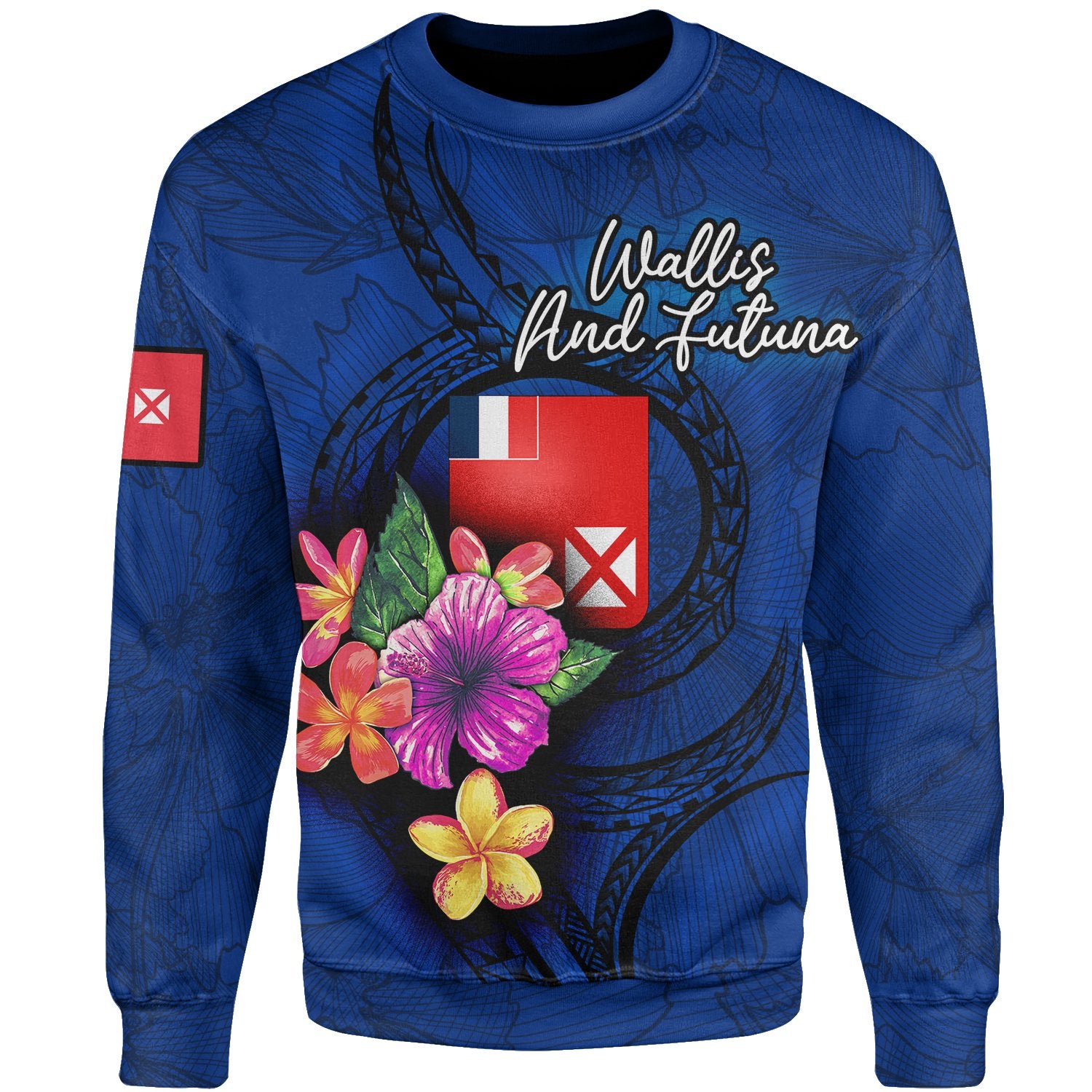 Wallis And Futuna Polynesian Sweater - Floral With Seal Blue Unisex Blue - Polynesian Pride