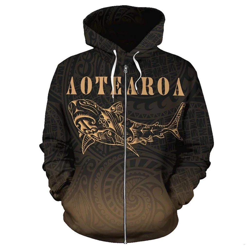 Maori Shark Aotearoa Zip Hoodie Gold Unisex Gold - Polynesian Pride