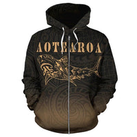 Maori Shark Aotearoa Zip Hoodie Gold Unisex Gold - Polynesian Pride