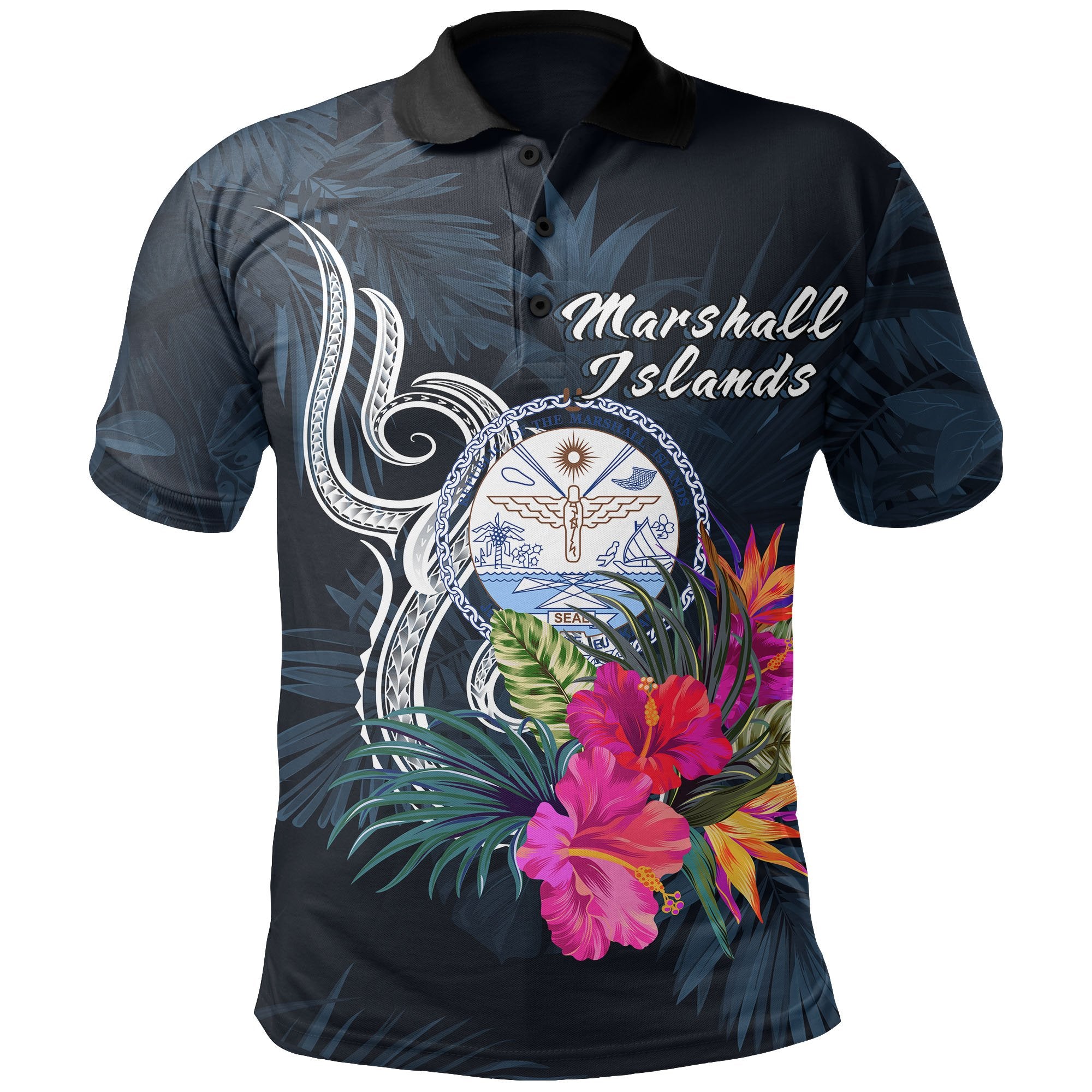 Marshall Islands Polynesian Polo Shirt Tropical Flower Unisex Blue - Polynesian Pride