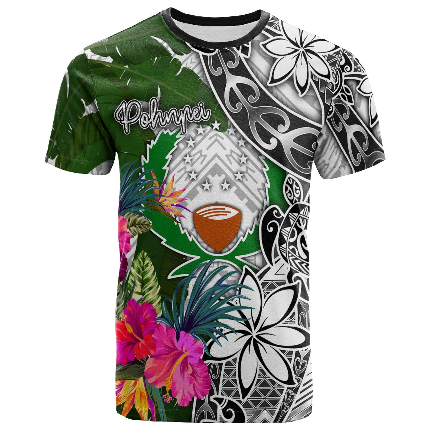 Pohnpei T Shirt White Turtle Plumeria Banana Leaf Unisex Art - Polynesian Pride