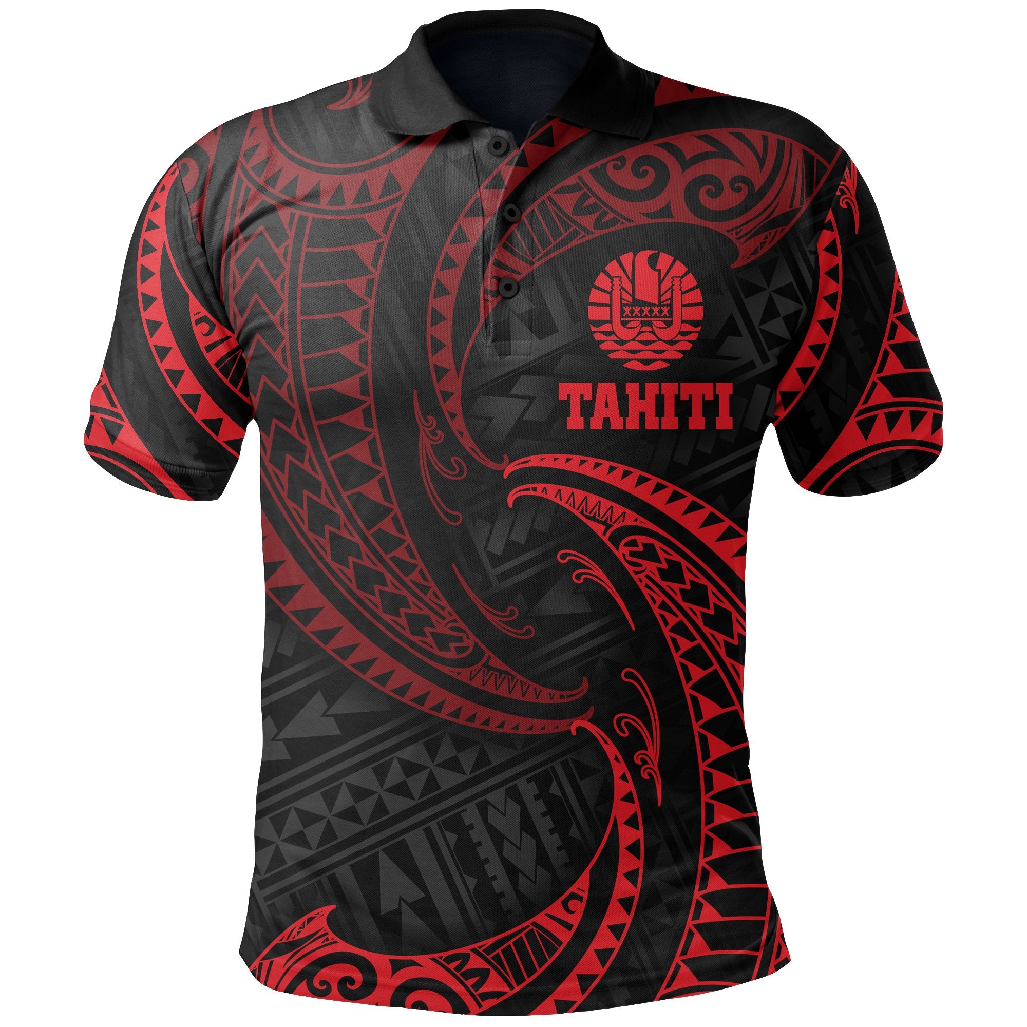 Tahiti Polynesian Polo Shirt Red Tribal Wave Unisex Red - Polynesian Pride