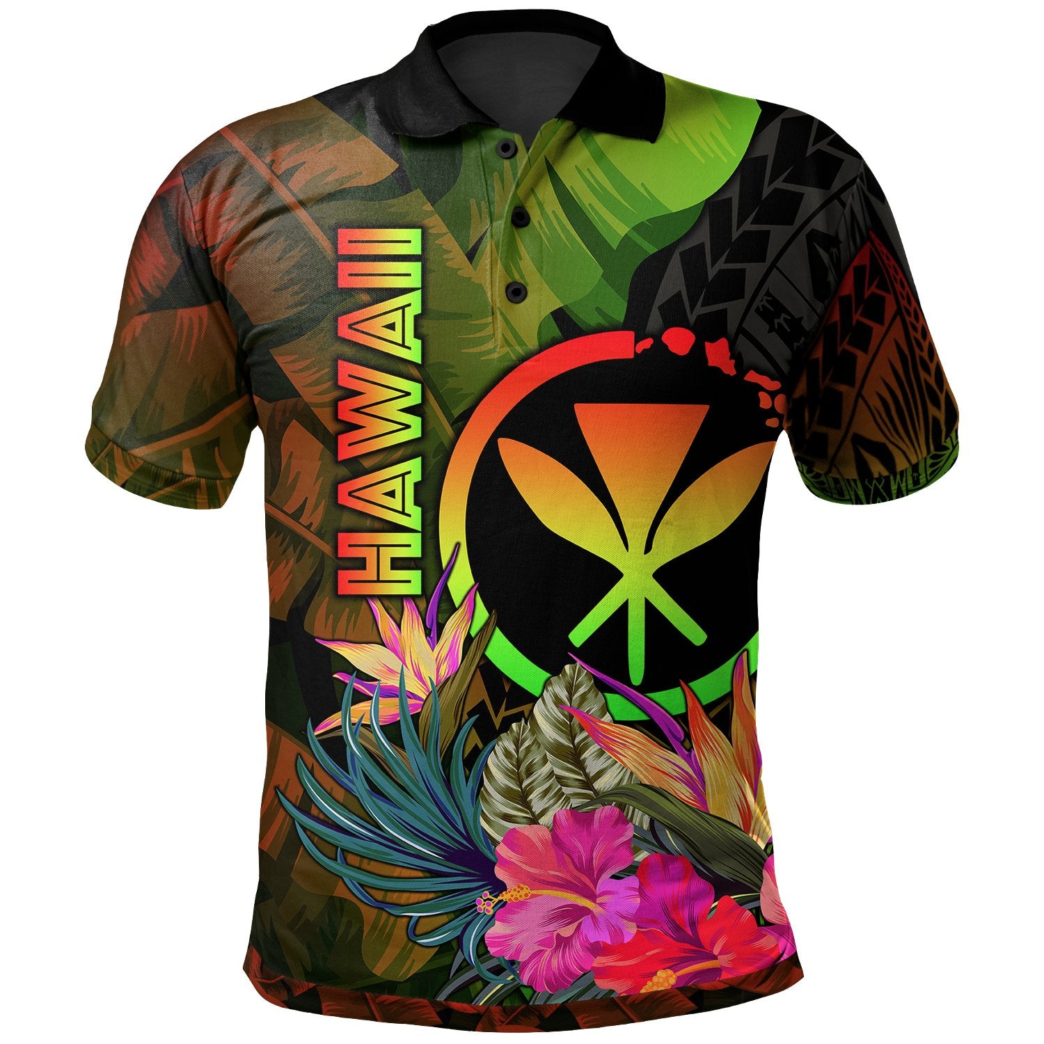 Polynesian Hawaii Kanaka Maoli Polynesian Polo Hibiscus and Banana Leaves Unisex Reggae - Polynesian Pride