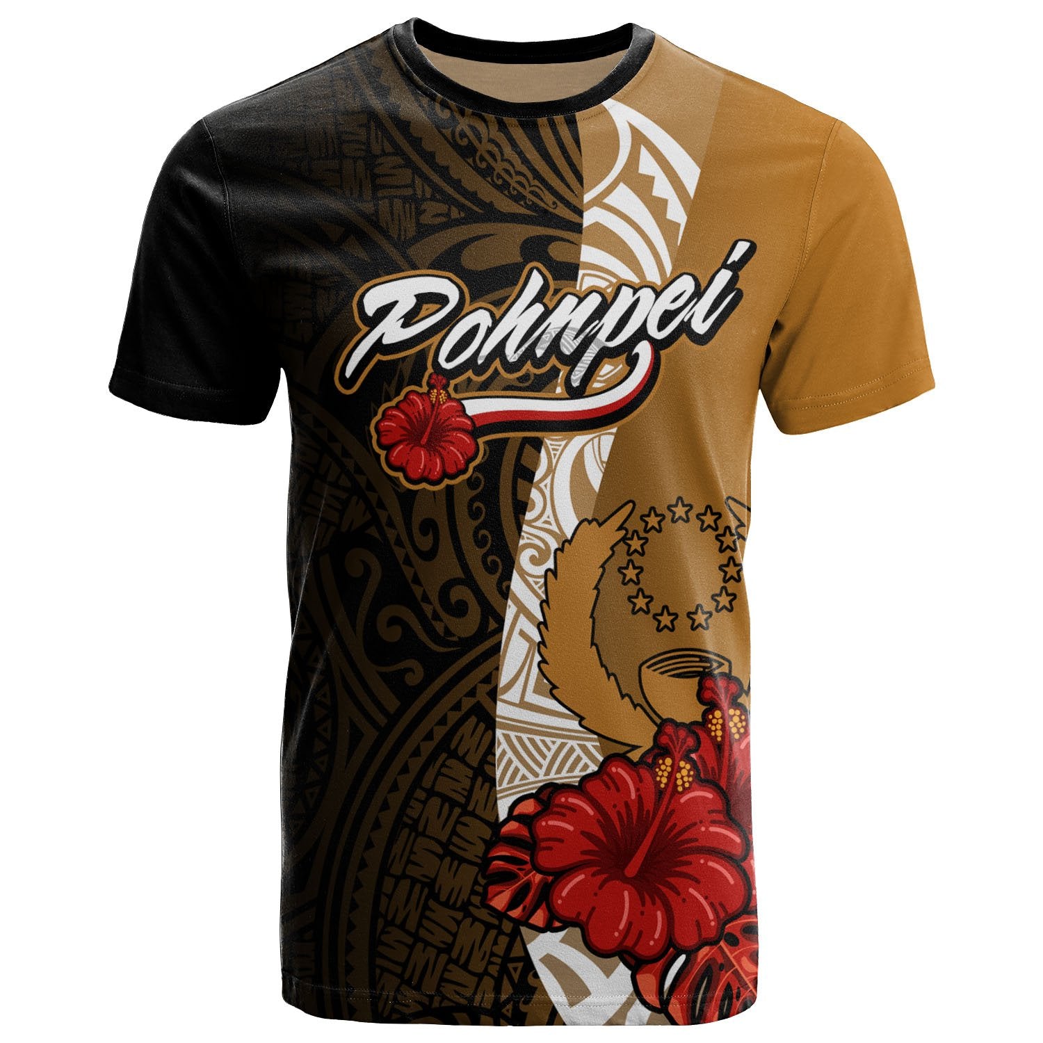 Pohnpei Micronesia T Shirt Coat Of Arms With Hibiscus Gold Unisex Art - Polynesian Pride